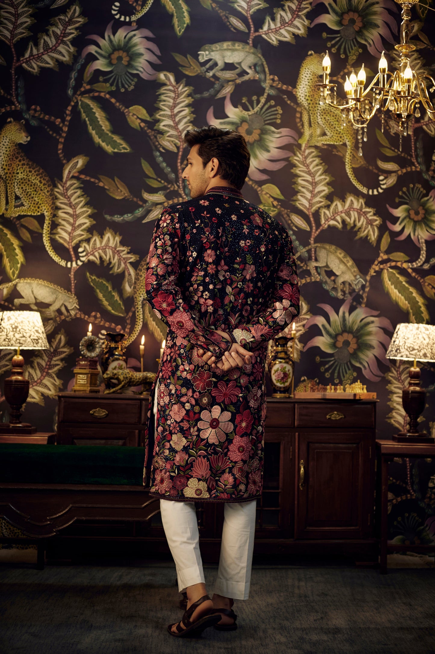 Blue Chikankari kurta with flora and fauna multi-thread embroidery - kasbahmen