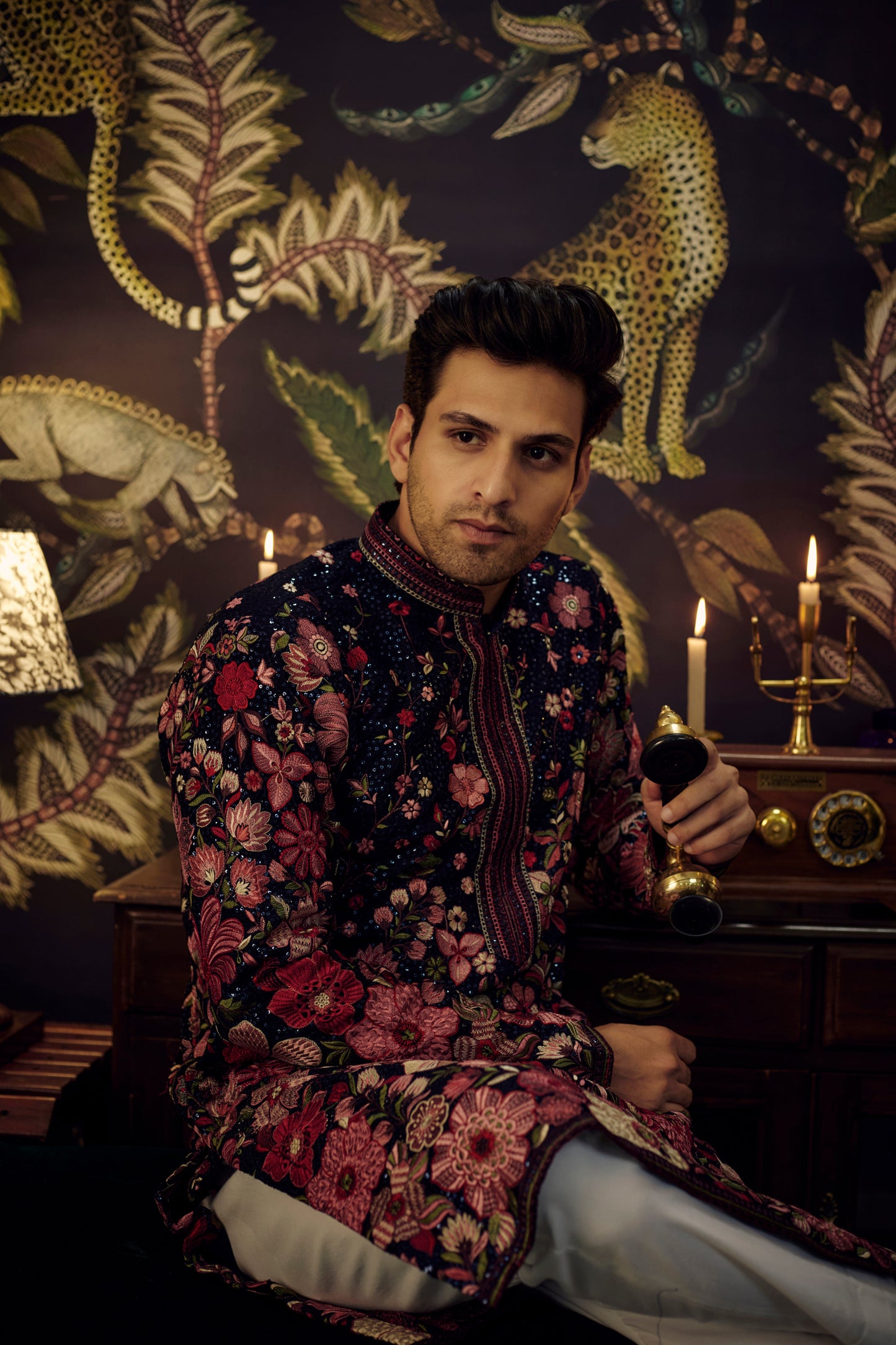 Blue Chikankari kurta with flora and fauna multi-thread embroidery - kasbahmen