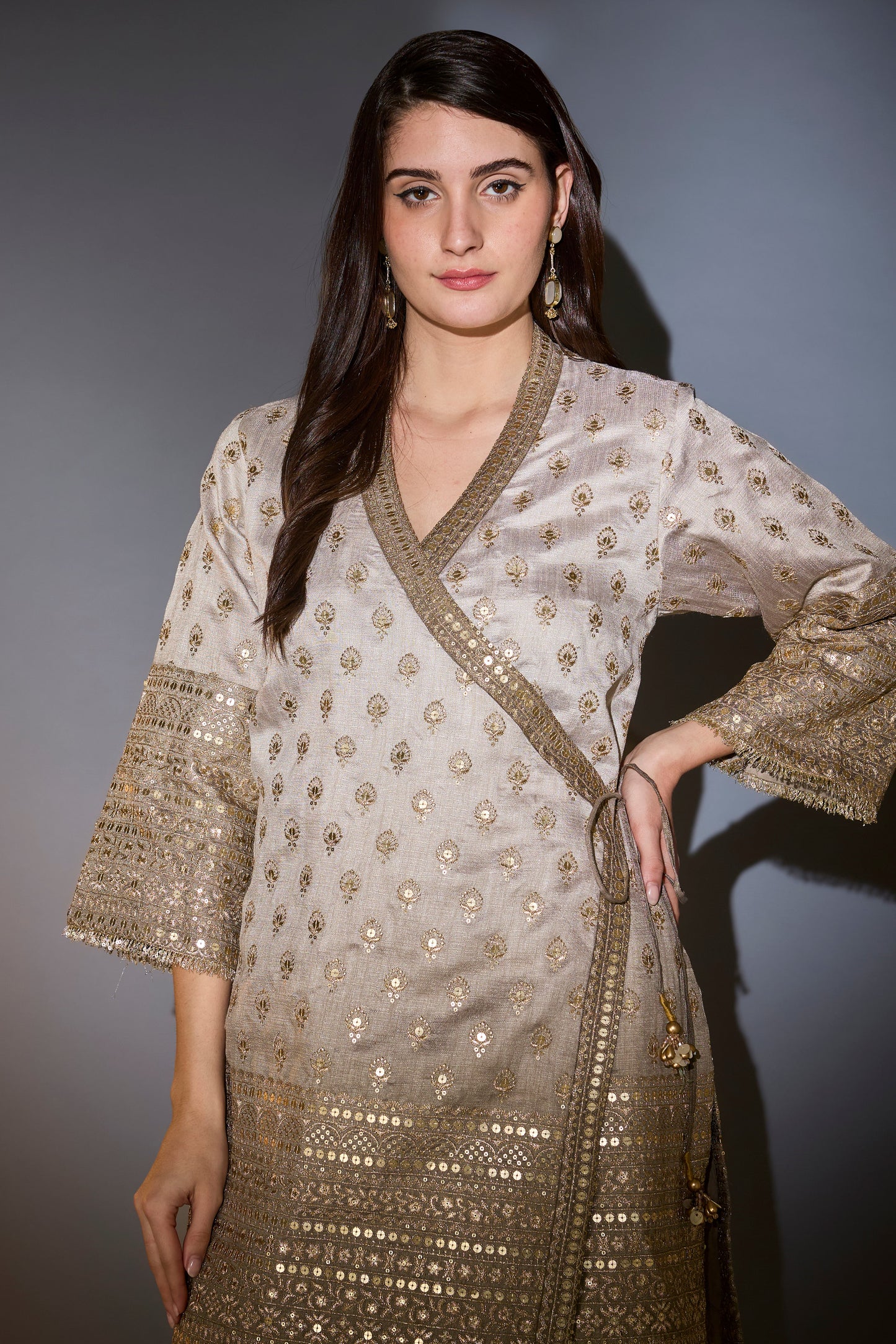 sage green ombre shades silk suit set in angrakha style with heavy zari and sequin work