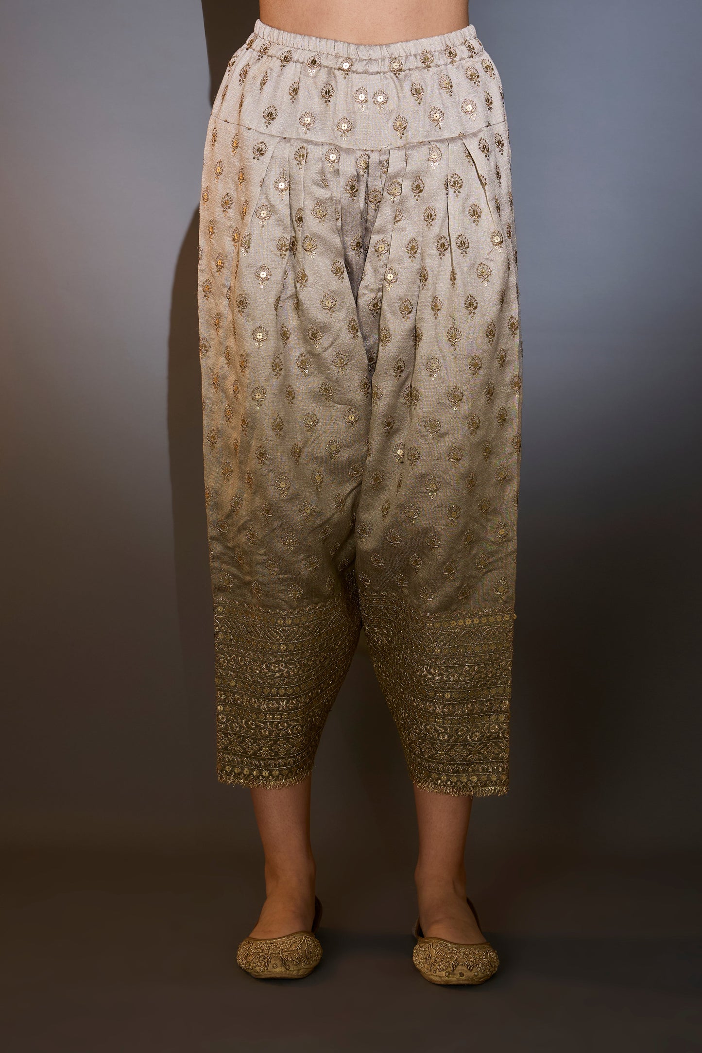 sage green ombre shades silk suit set in angrakha style with heavy zari and sequin work