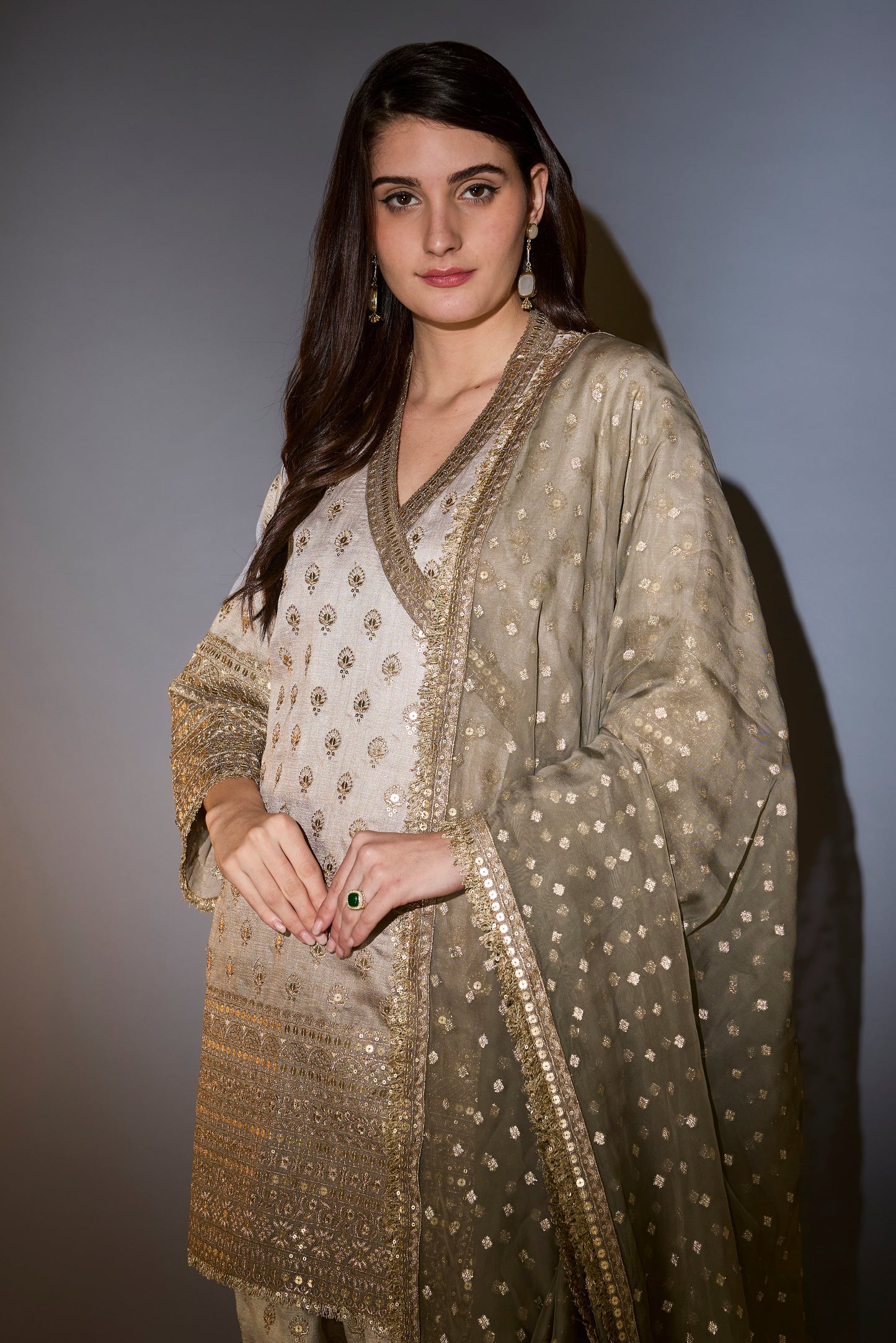 sage green ombre shades silk suit set in angrakha style with heavy zari and sequin work