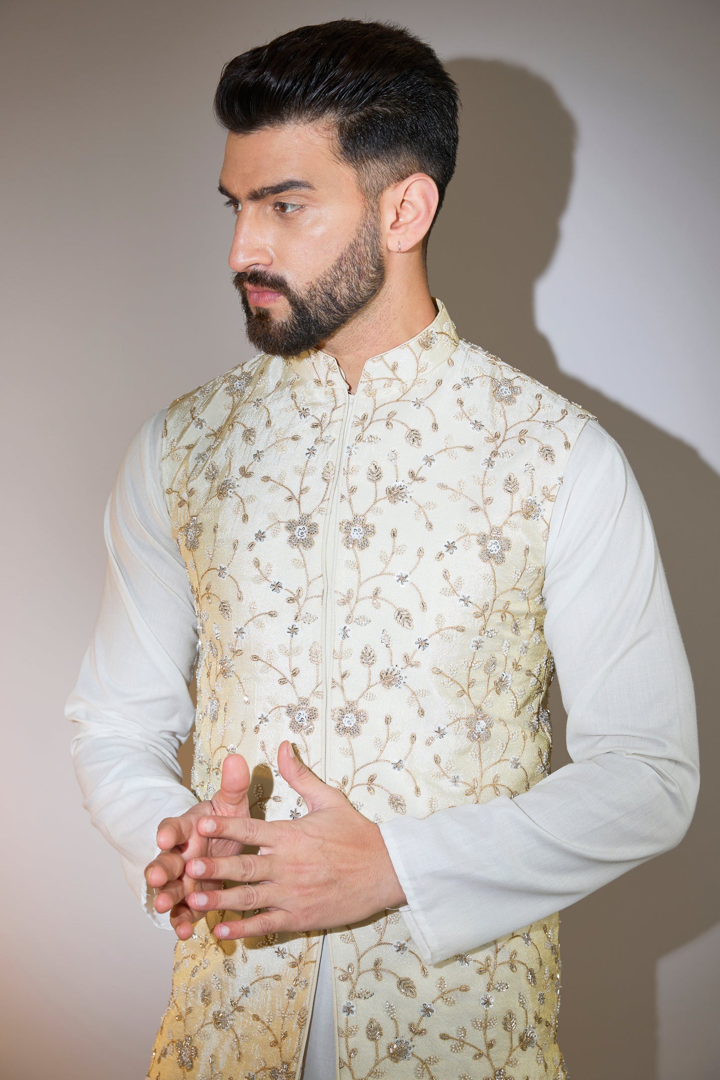 golden cream short nehru jacket with intricate cut dana