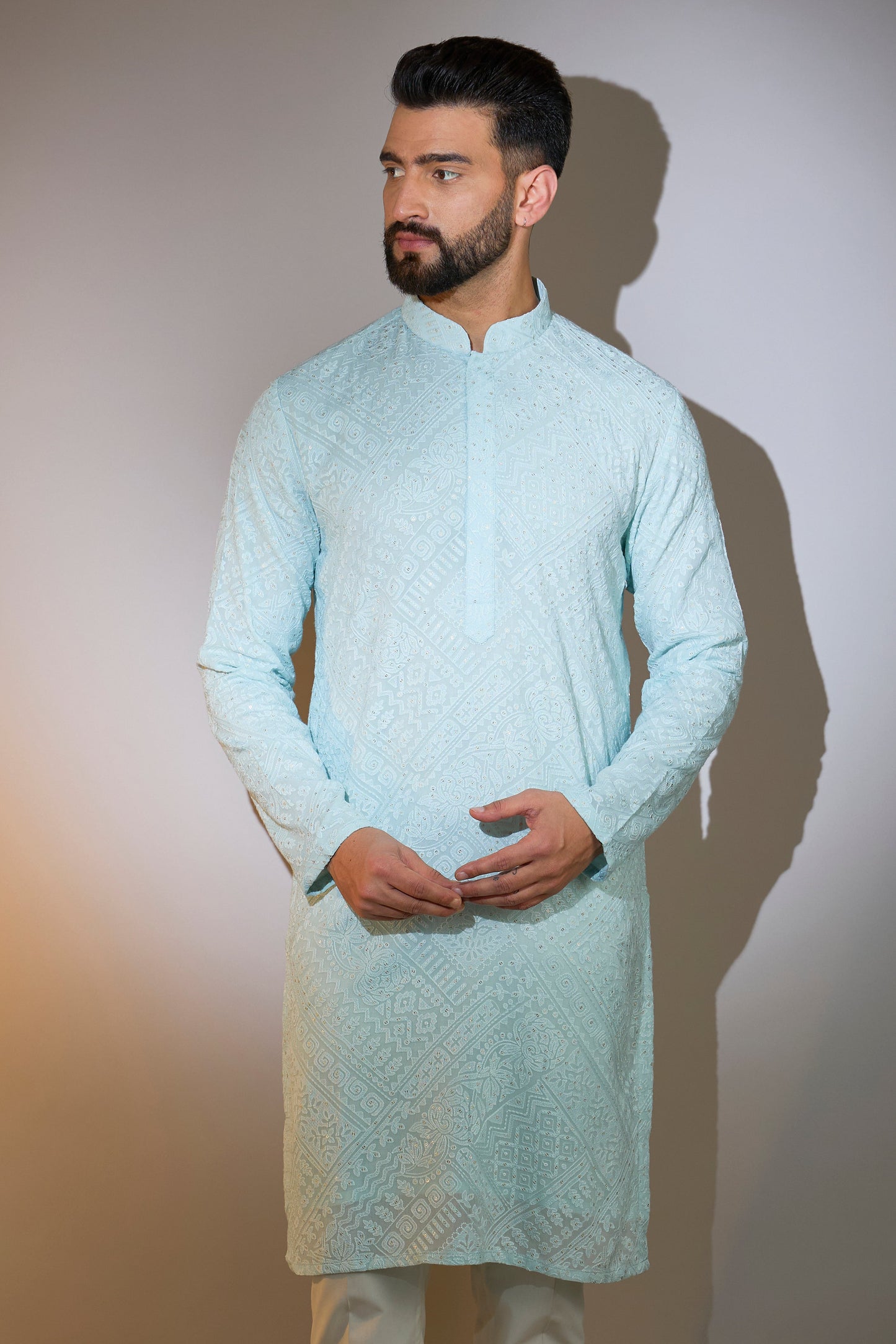 signature powder blue threadwork kurta