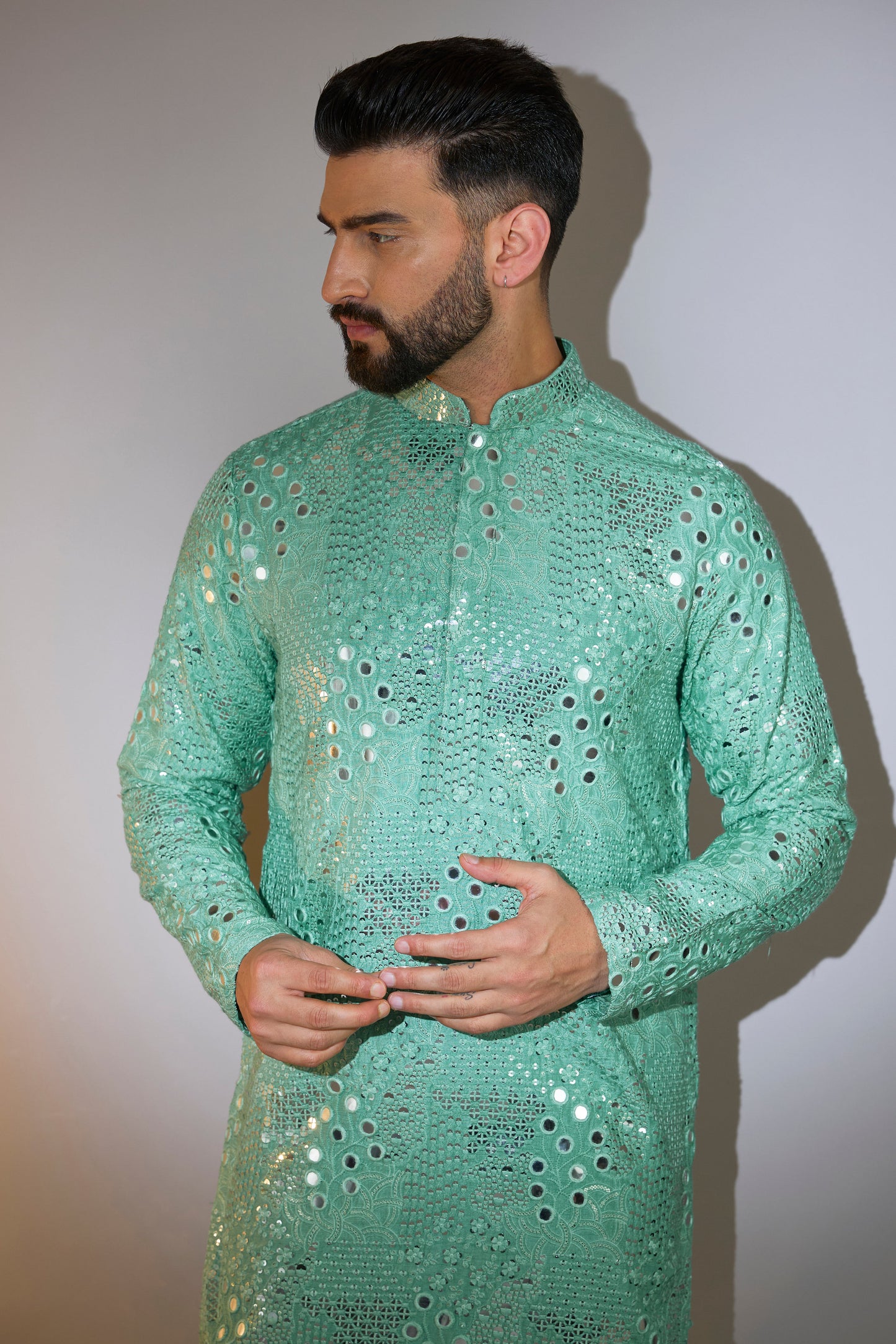 sage green mirror work kurta