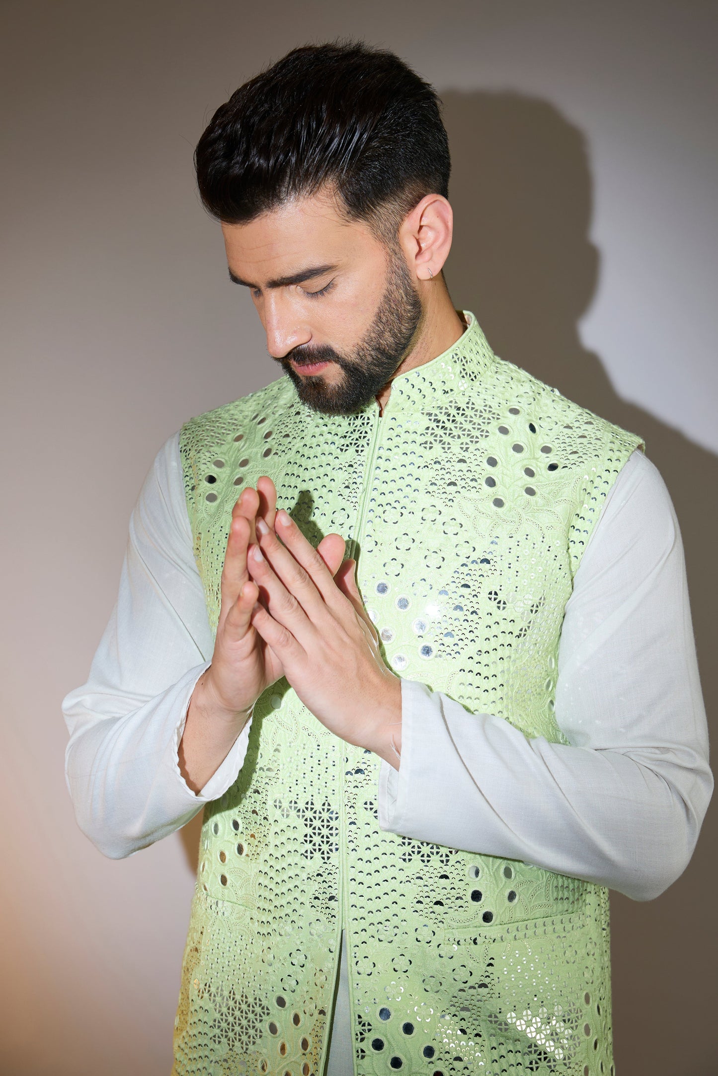 pastel green short mirror work jacket