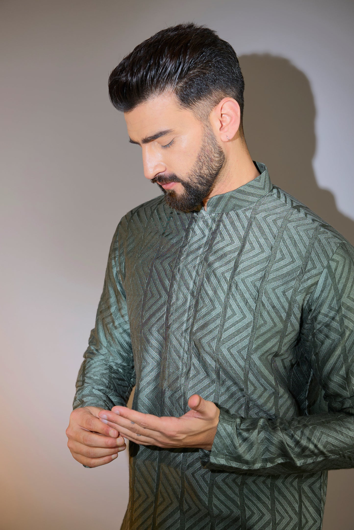 classic millitary green threadwork kurta