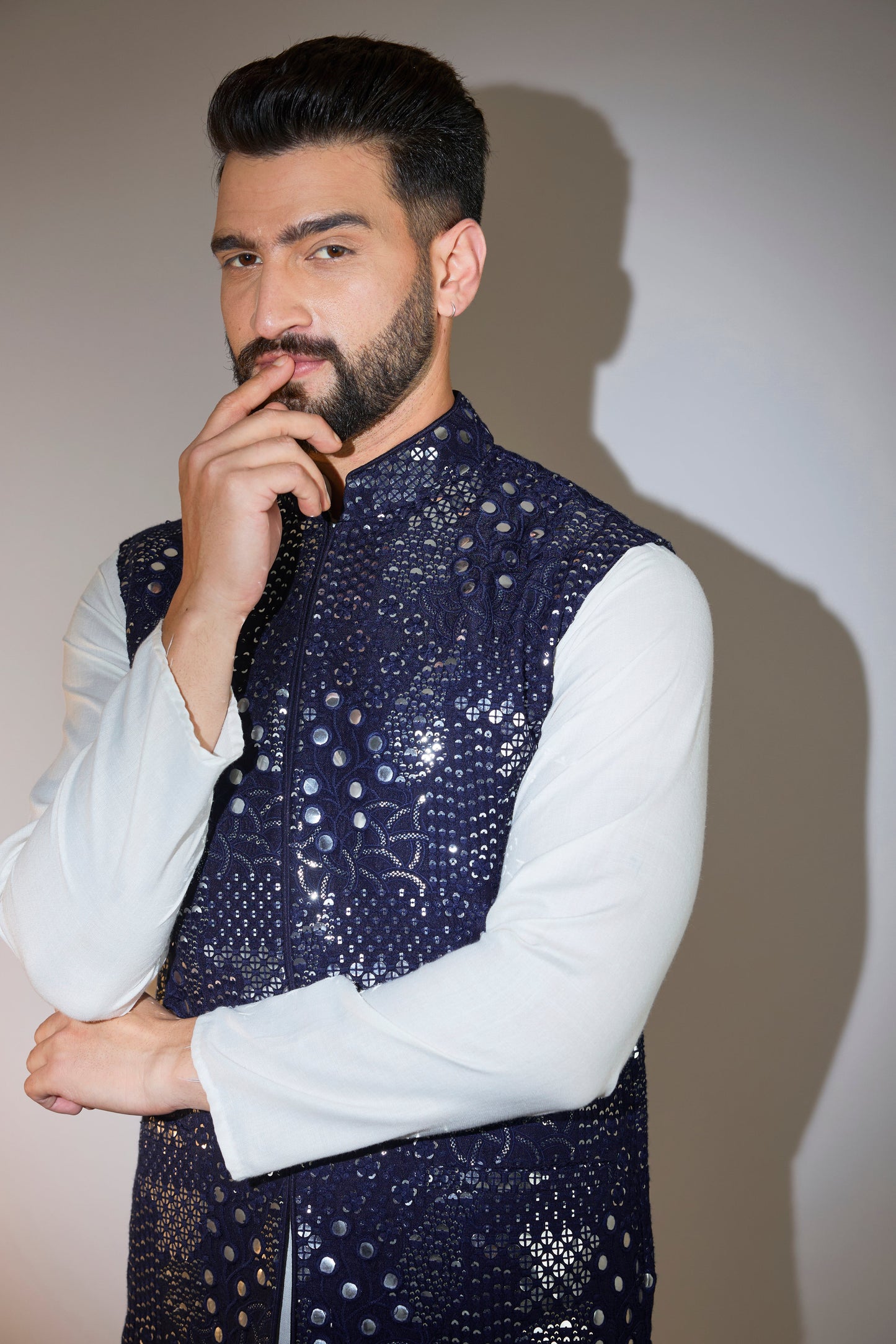 navy blue short mirror work jacket