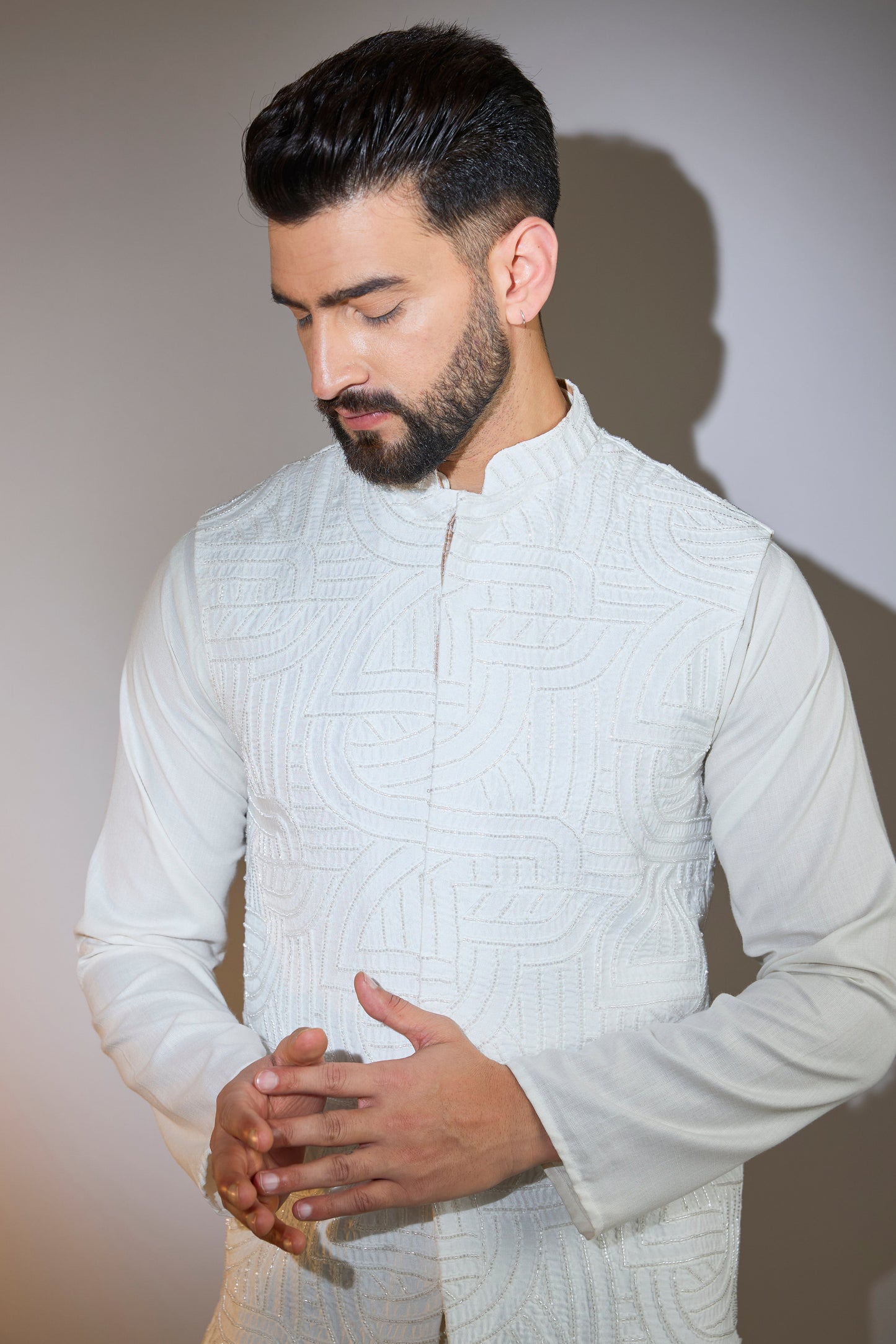 classic white nehru jacket with cut dana embroidery