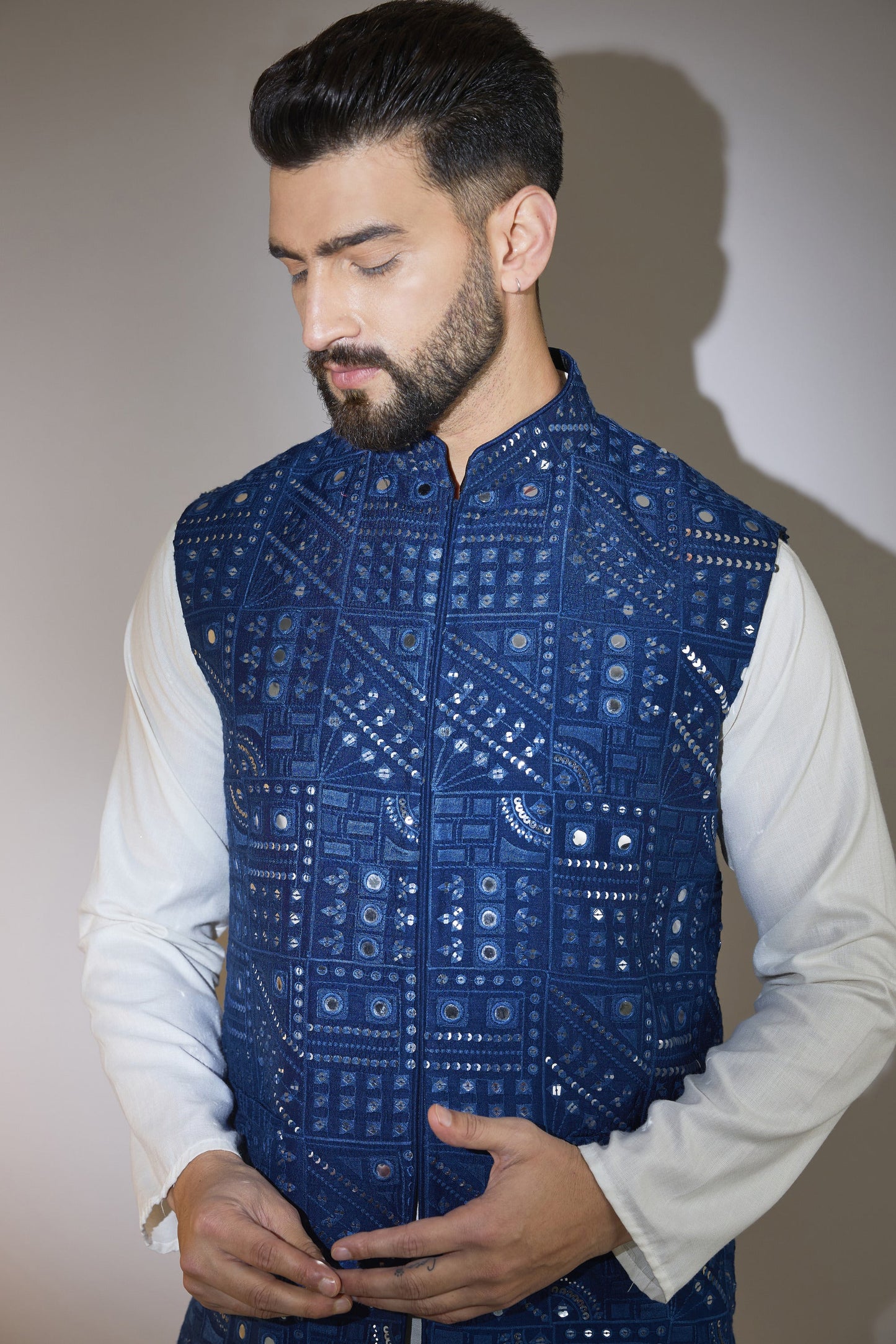 navy blue short mirror work jacket