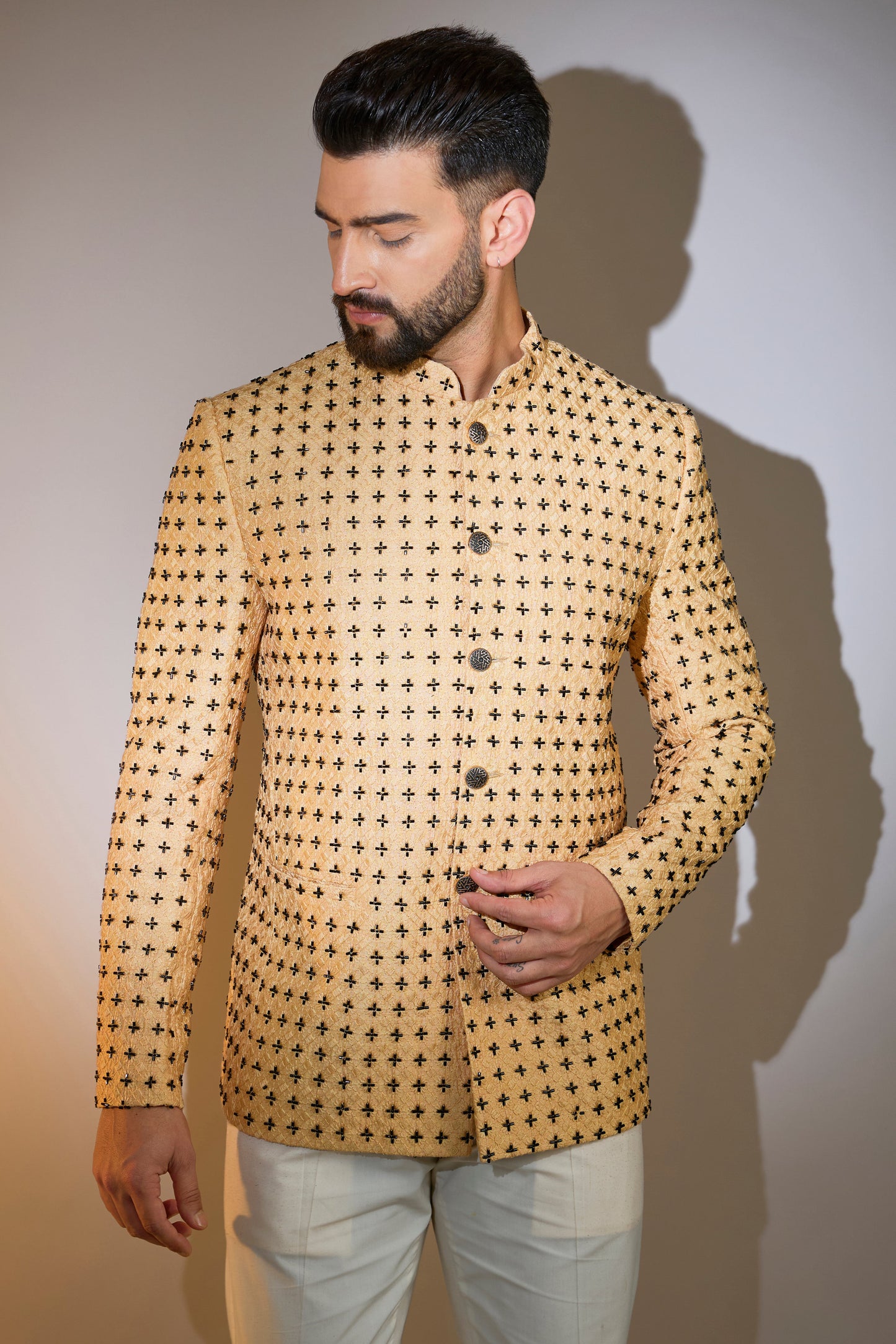 beige bandgala with intricate cut dana embroidery