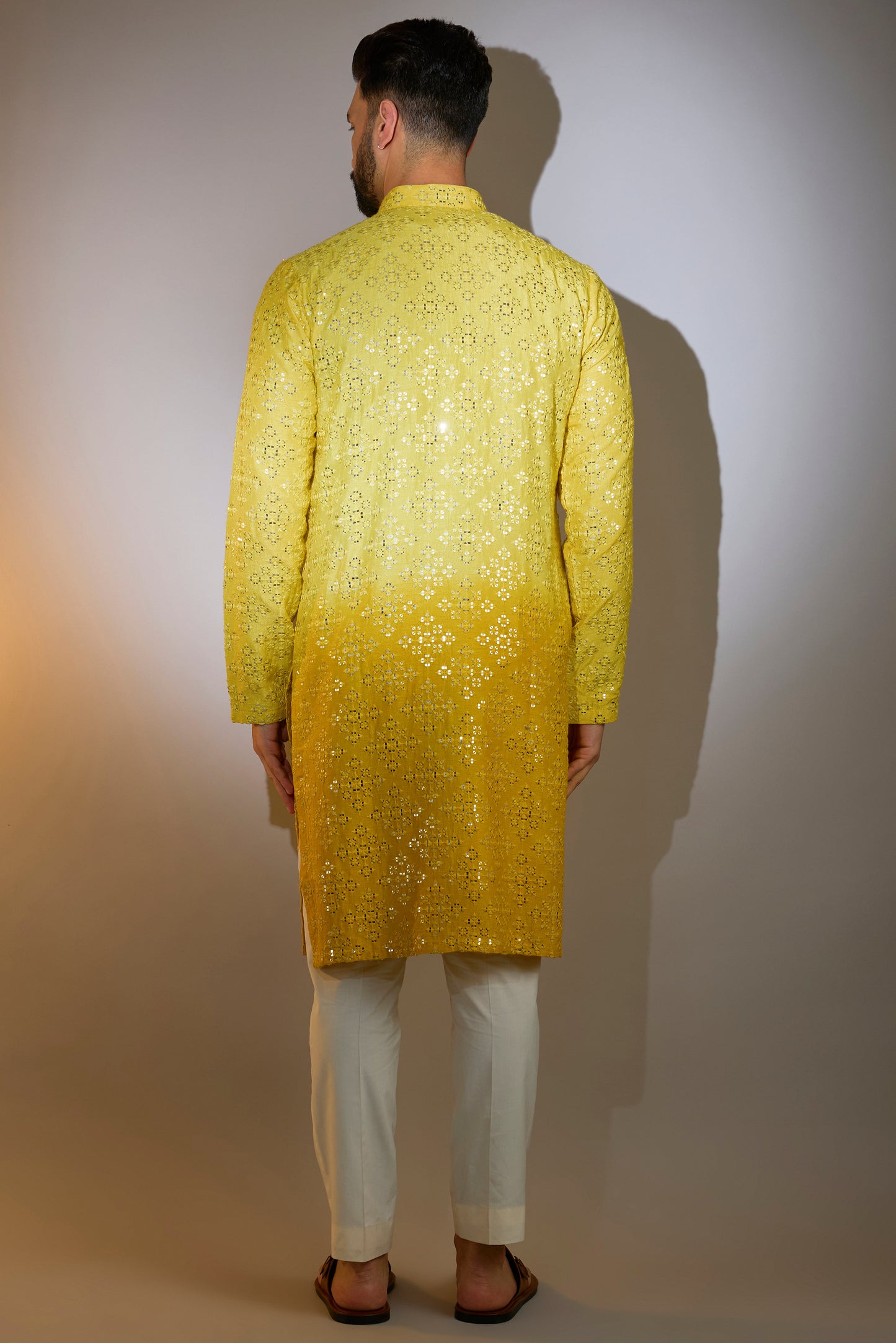 signature yellow ombre shaded mirror work kurta