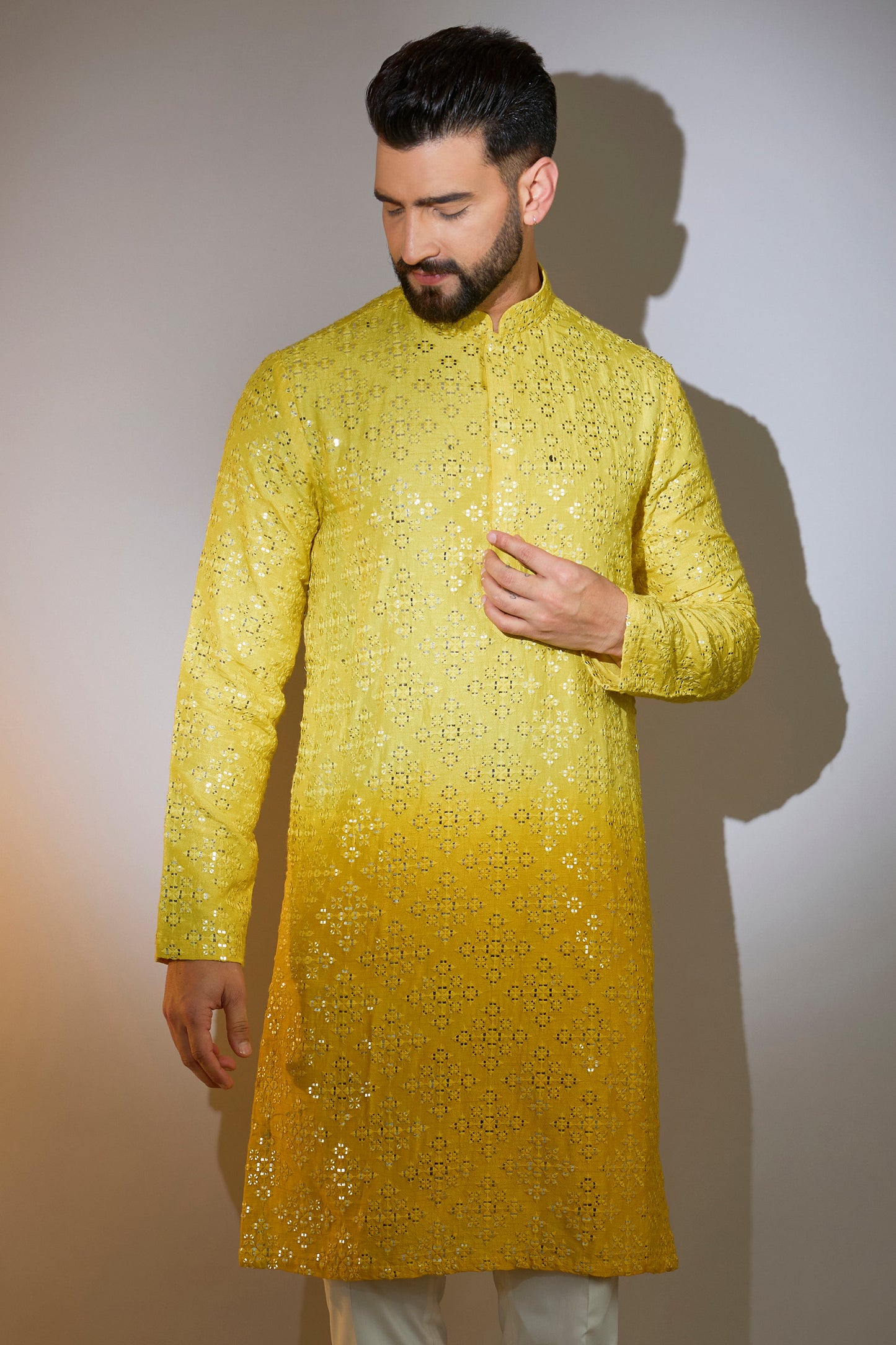 signature yellow ombre shaded mirror work kurta