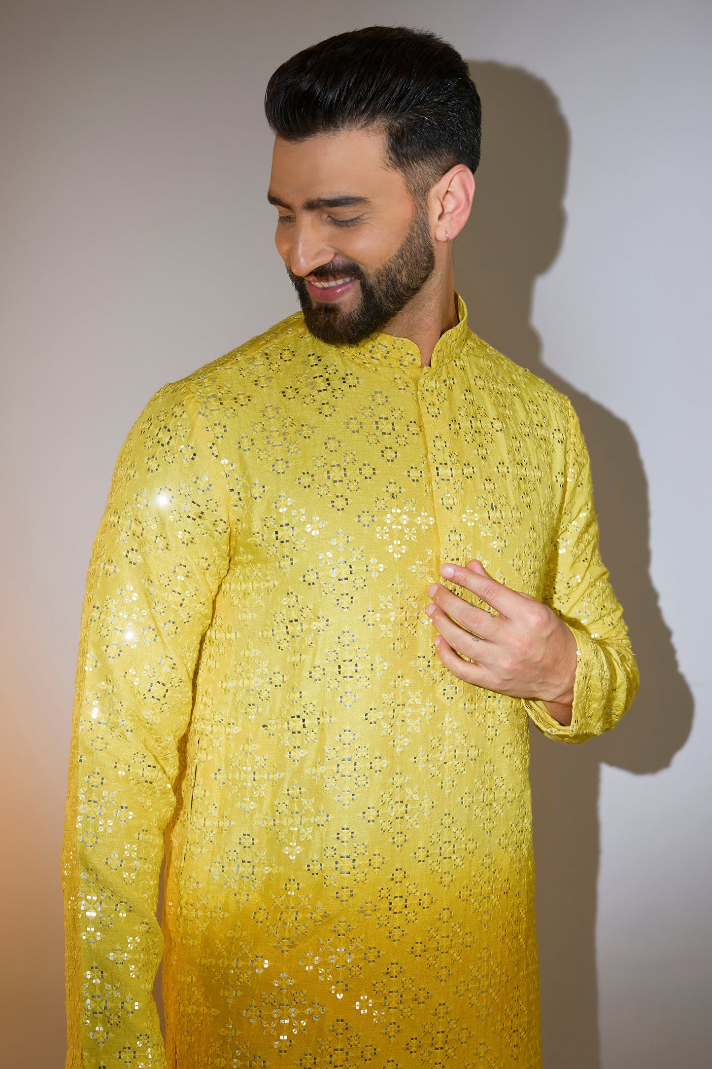 signature yellow ombre shaded mirror work kurta
