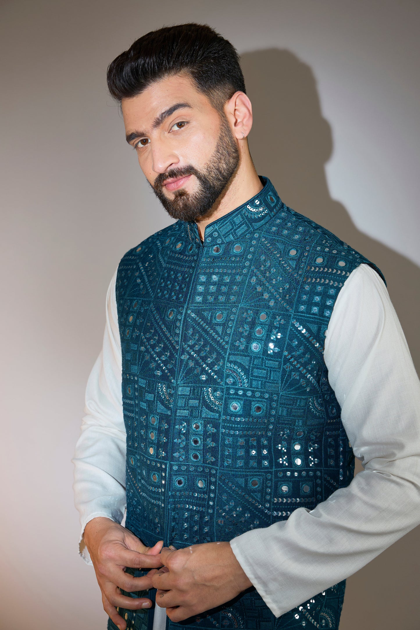 teal mirror work jacket