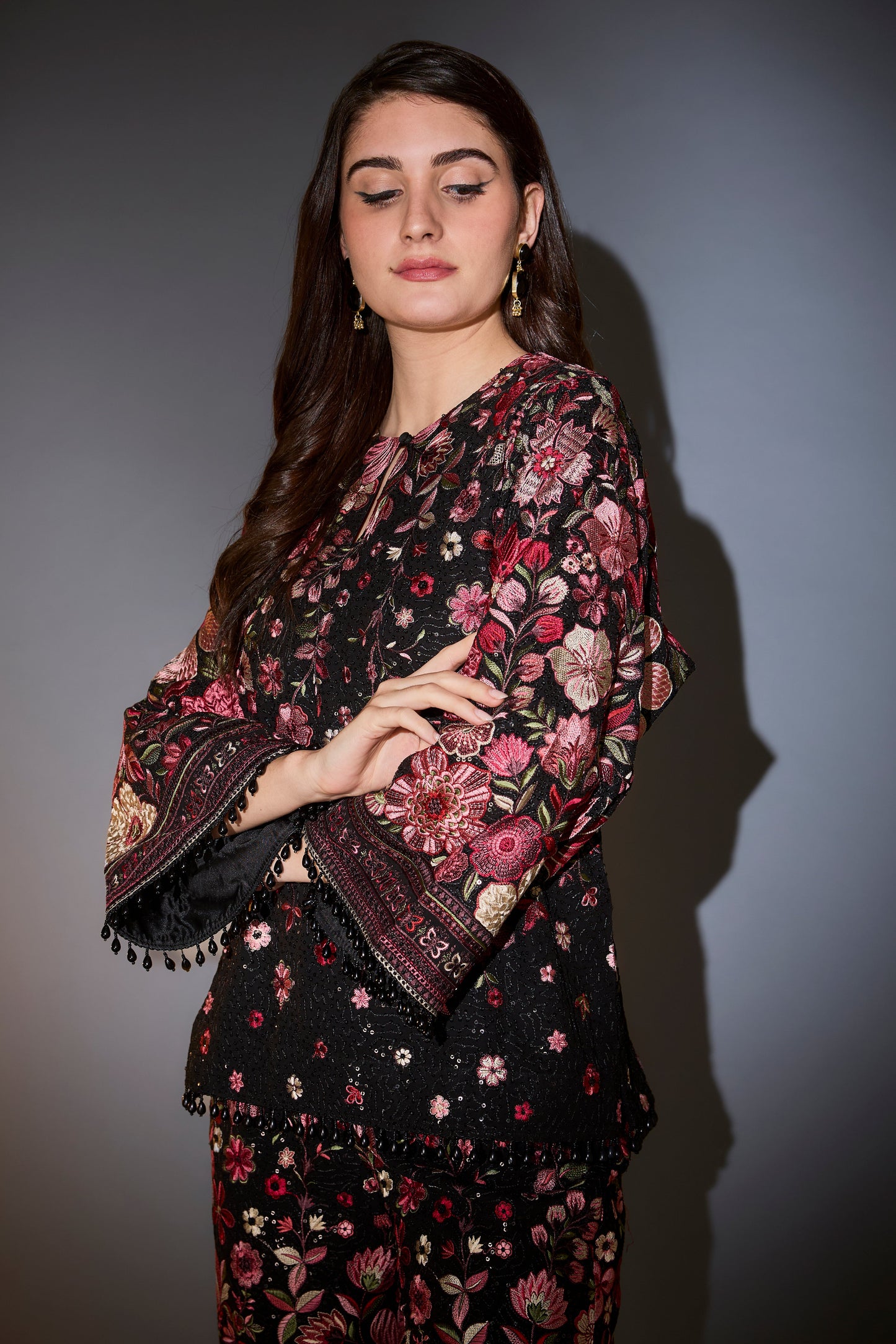 multi coloured floral tunic set with boot cut trousers