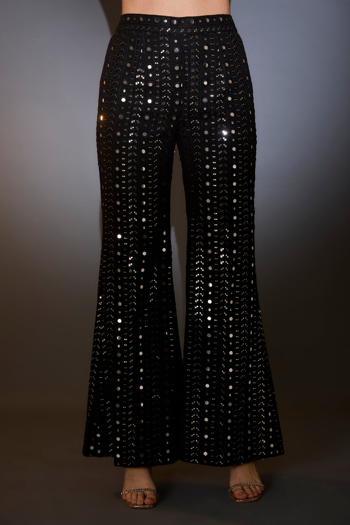 black mirror work indo western co ord set with mirror work boot cut trousers