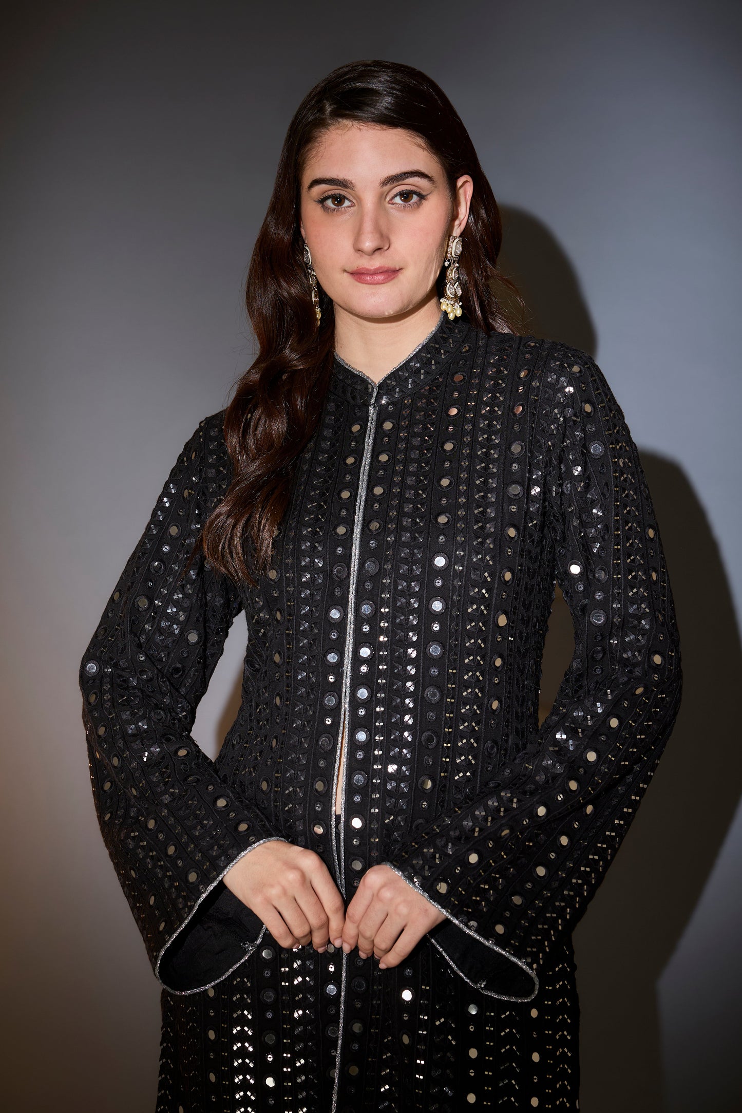 black mirror work indo western co ord set with mirror work boot cut trousers