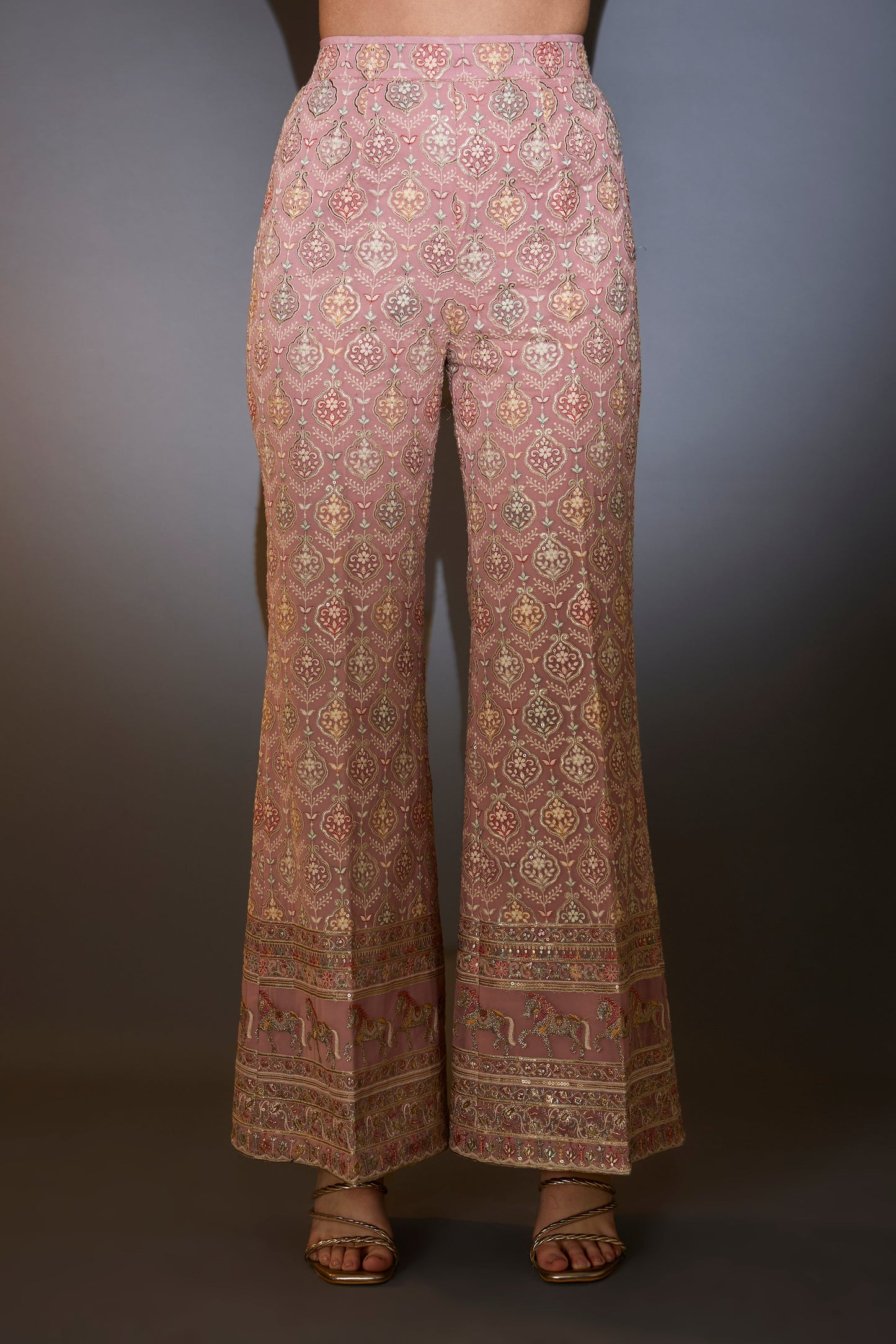 blush pink co ord set with muti thread and zari work and horse motifs