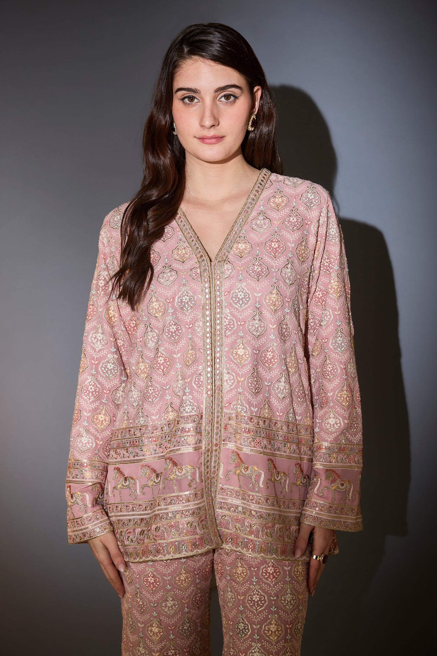 blush pink co ord set with muti thread and zari work and horse motifs