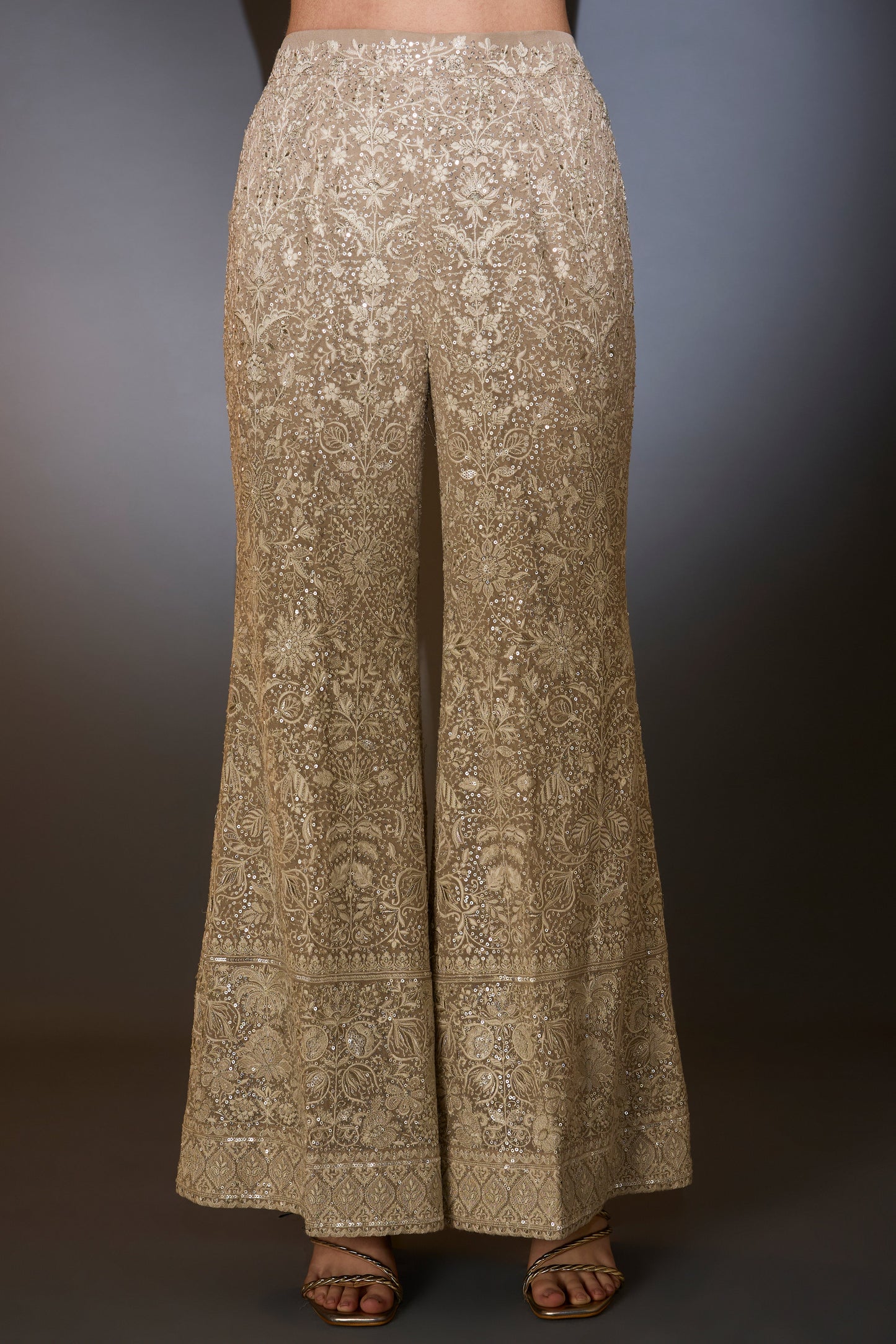 mouse colored co ord set including waist jacket and boot cut trousers adorned in intricate ivory thread and sequin embroidery