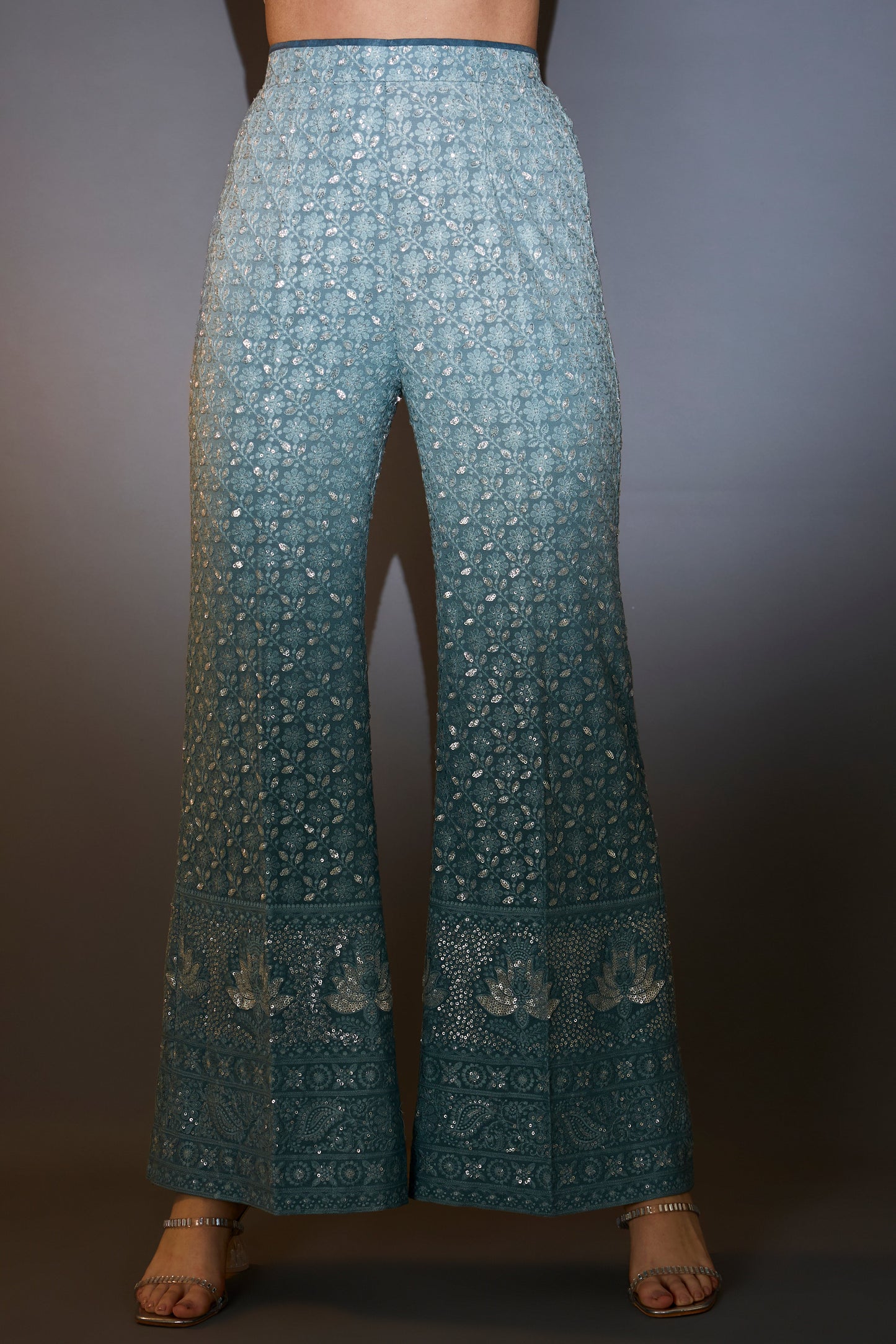 blue ombre chikankari co ord set with detailed thread and sequin embroidery