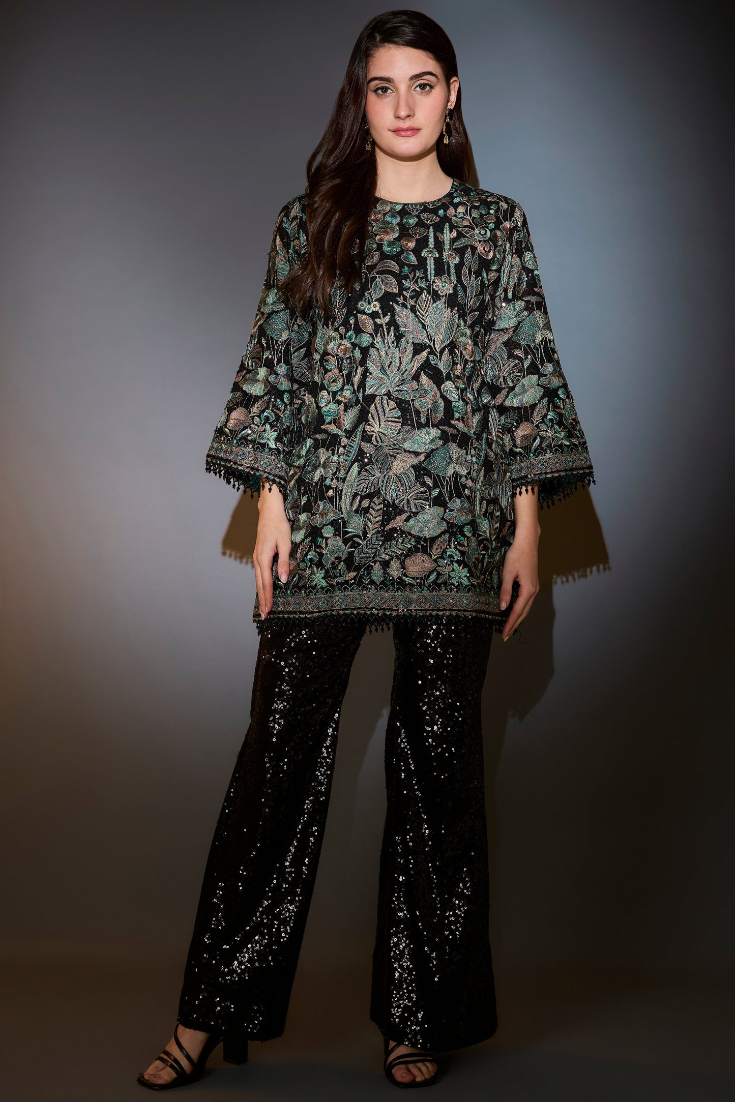 b f23 f24lack and green co ord set with heavy floral and sequins embroider paired with sequined pants