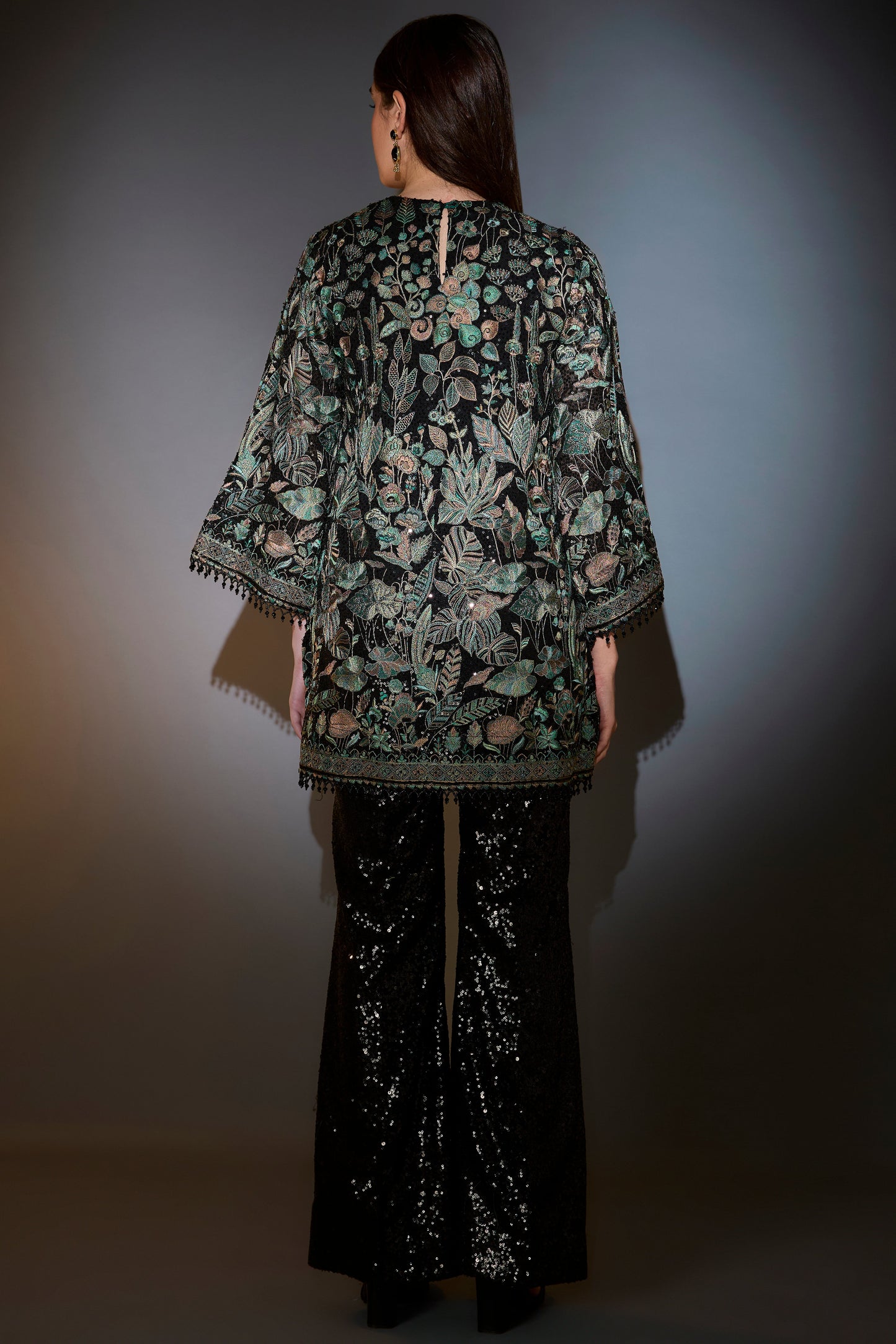 b f23 f24lack and green co ord set with heavy floral and sequins embroider paired with sequined pants