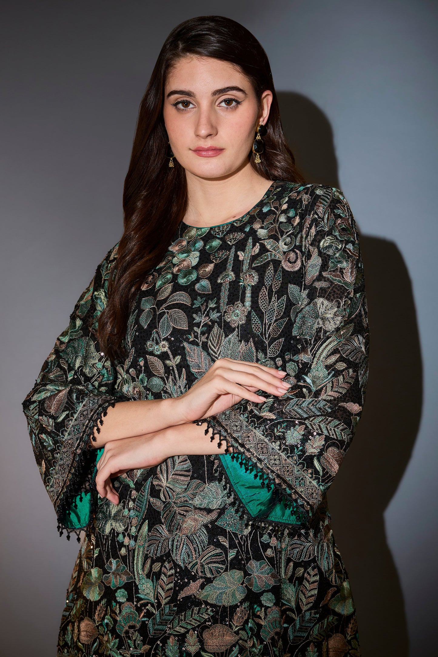 b f23 f24lack and green co ord set with heavy floral and sequins embroider paired with sequined pants
