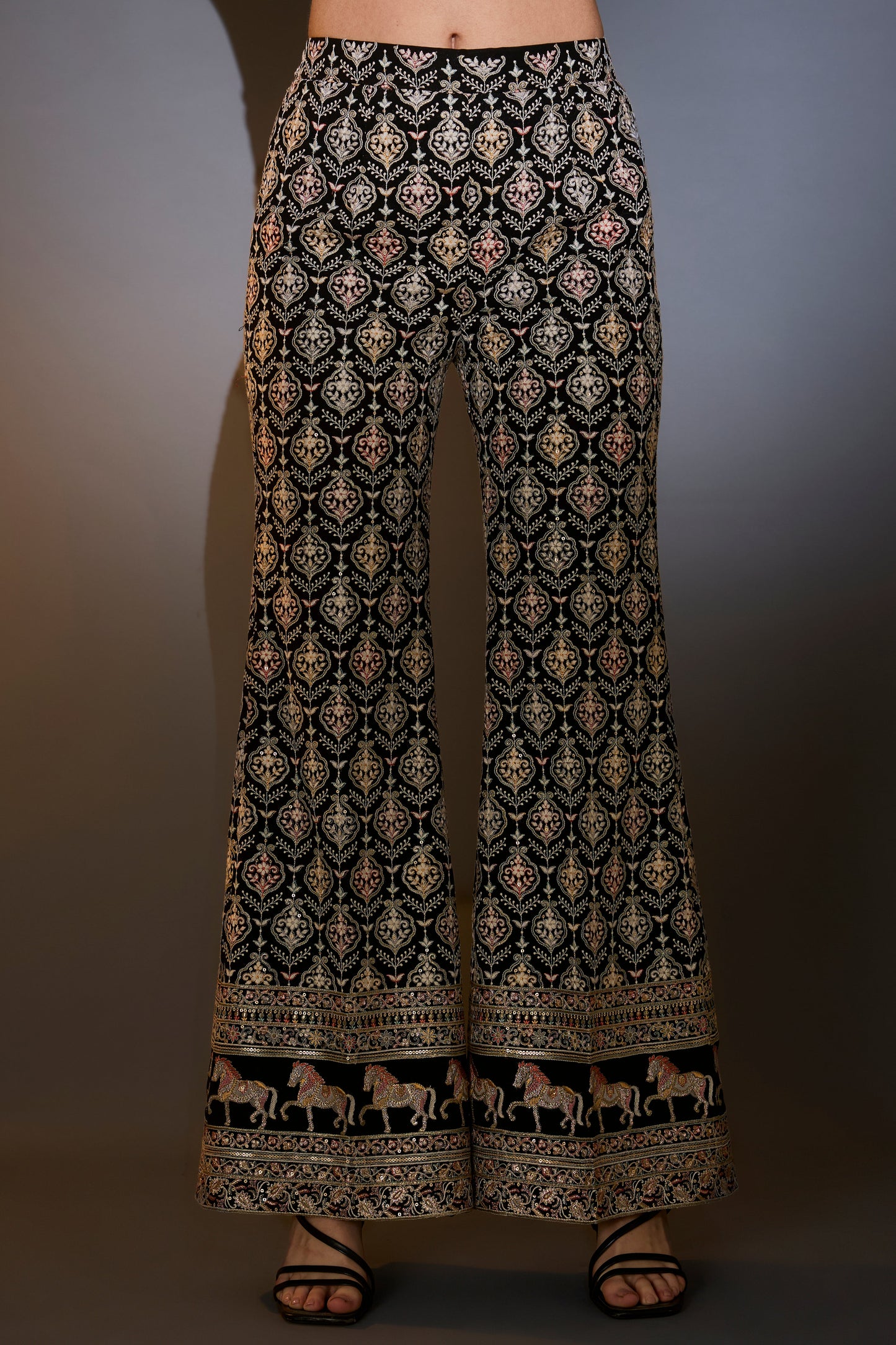 black multi thread work co ord set with horse motifs