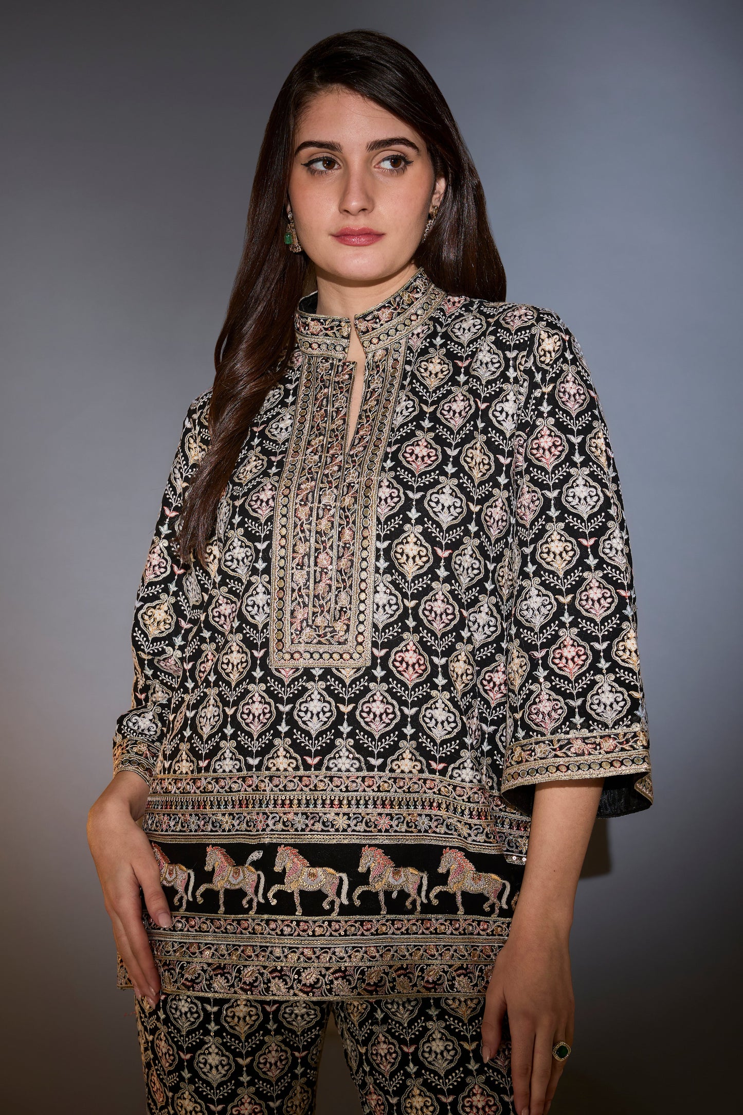 black multi thread work co ord set with horse motifs
