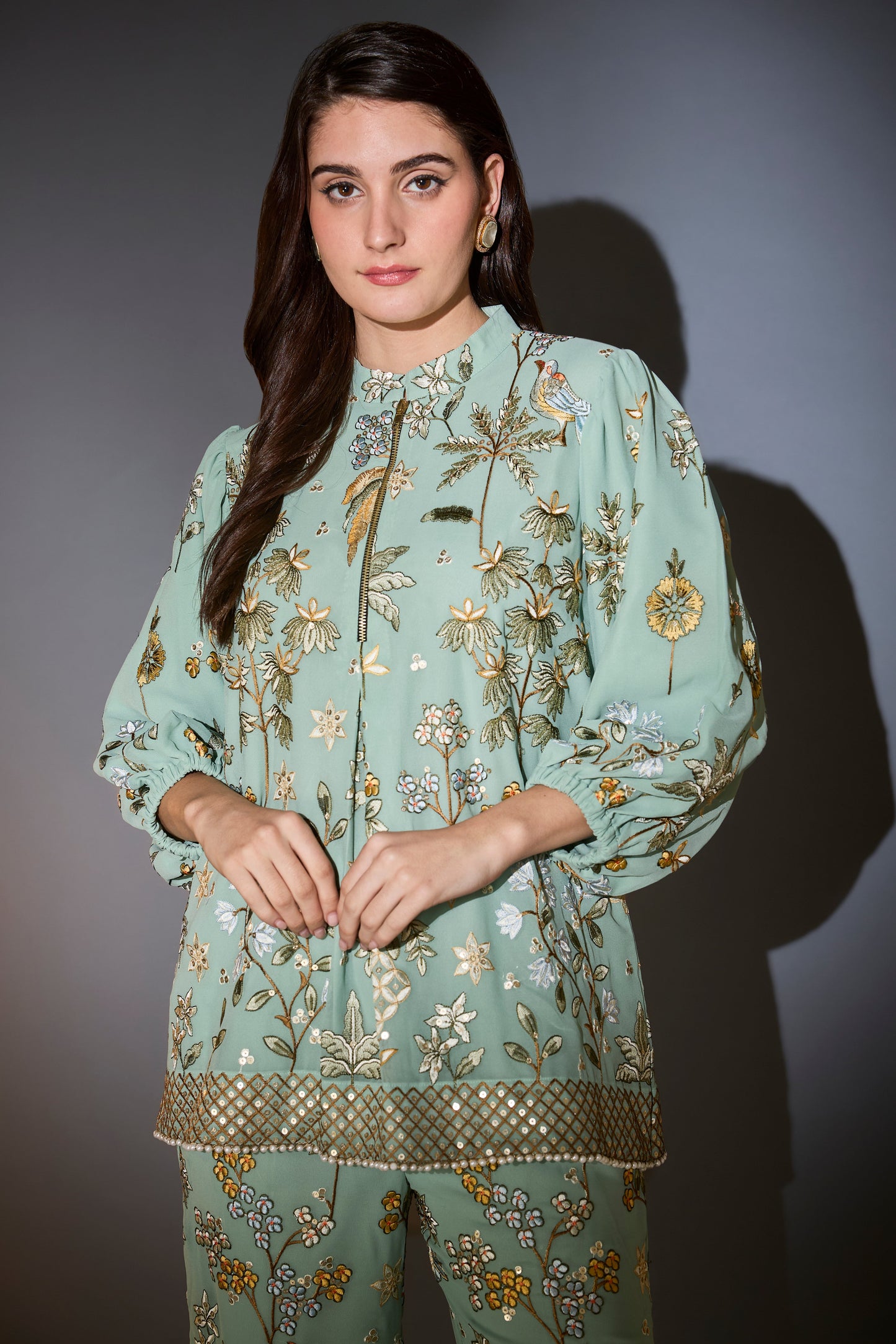 sage green floral co ord set with zipper