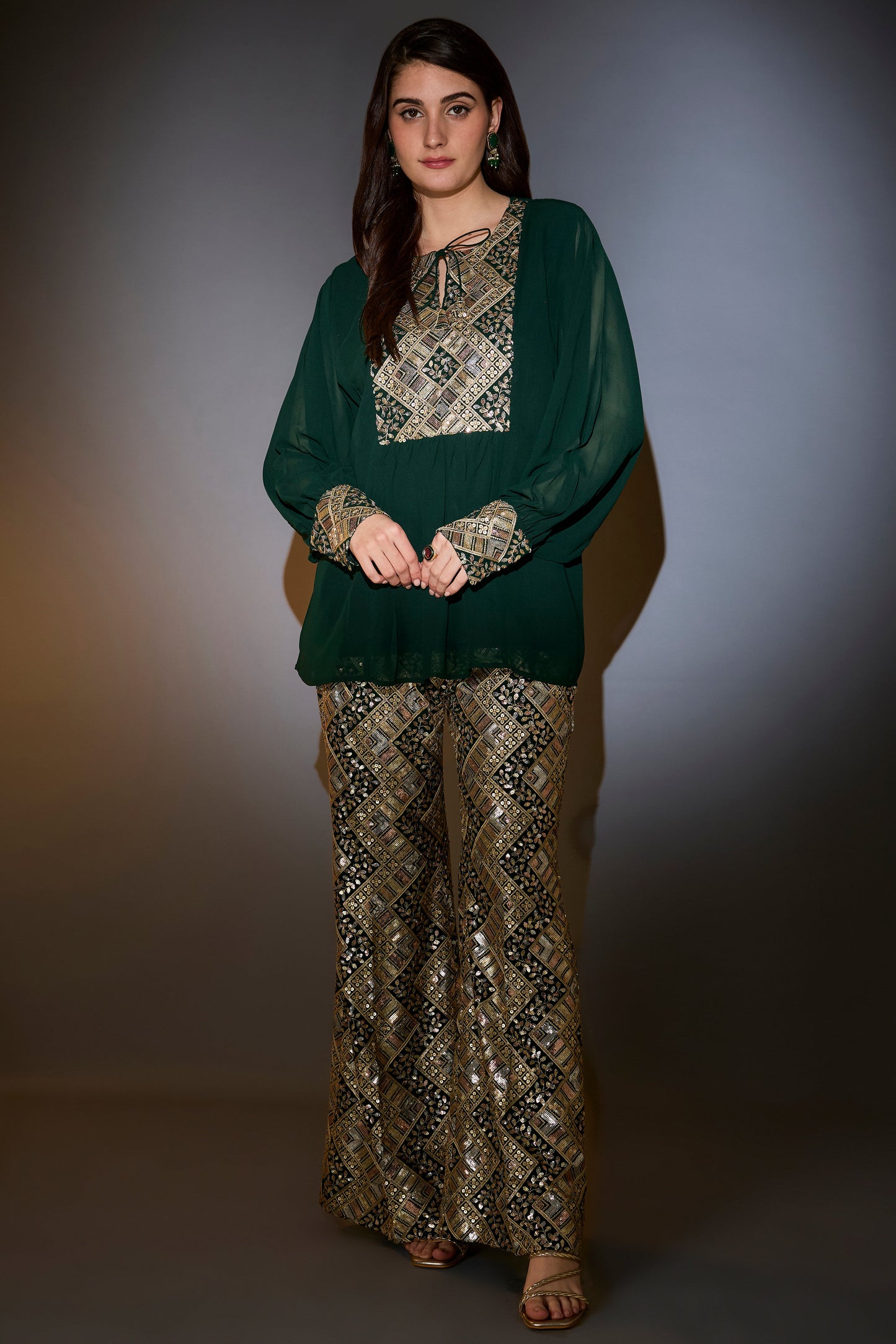 green co ord set intertwining gold and multi colour sequin embroidery