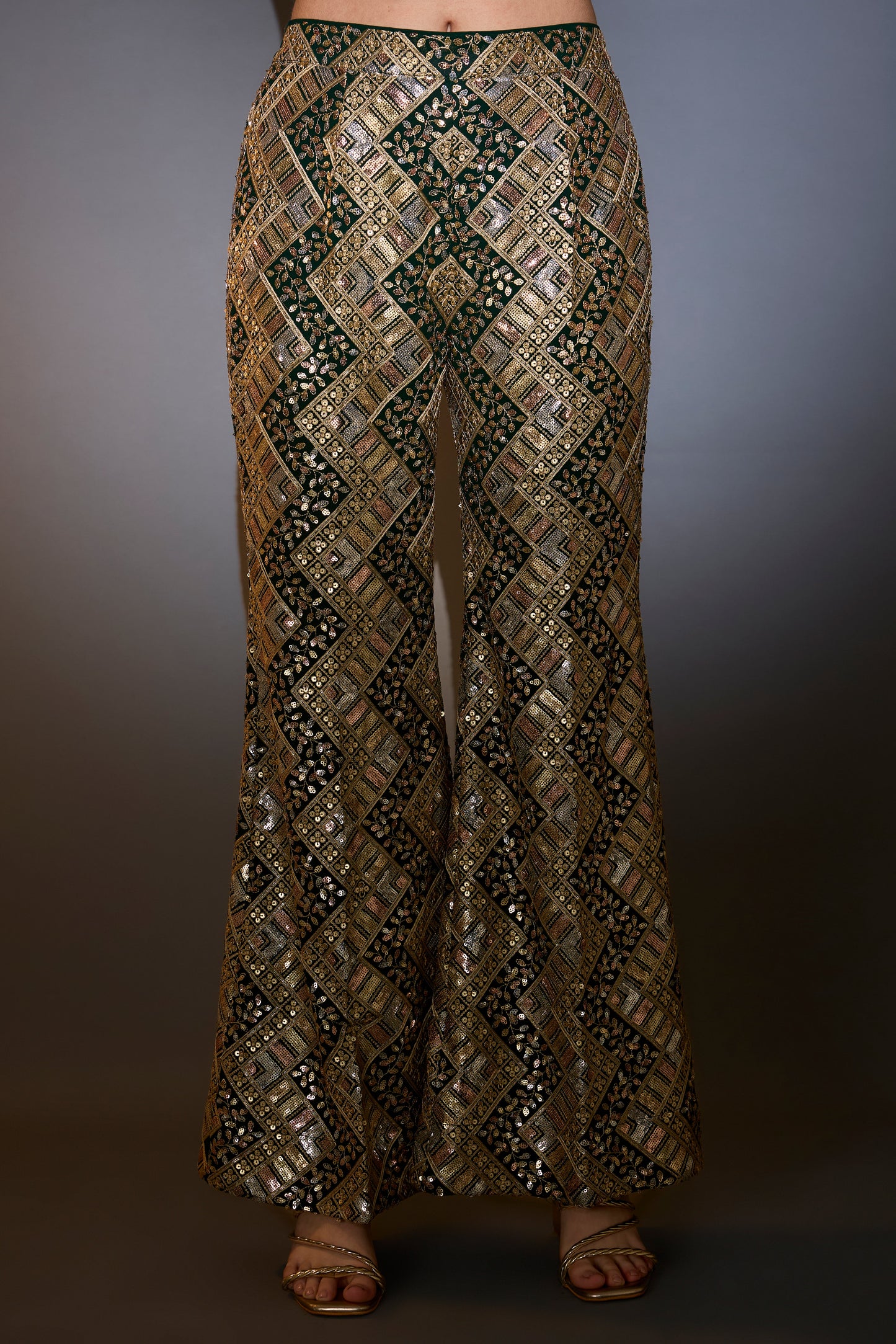green co ord set intertwining gold and multi colour sequin embroidery