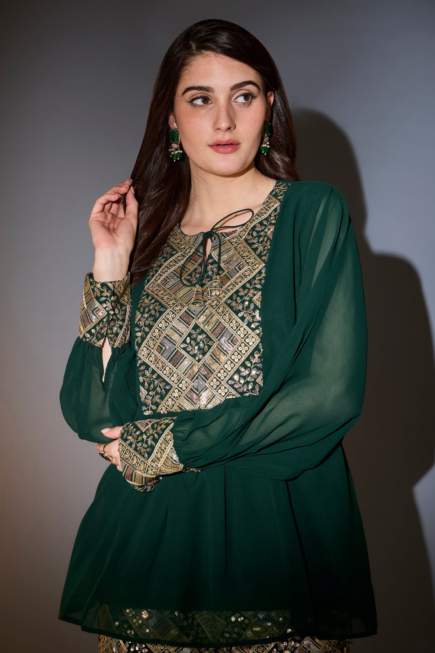 green co ord set intertwining gold and multi colour sequin embroidery