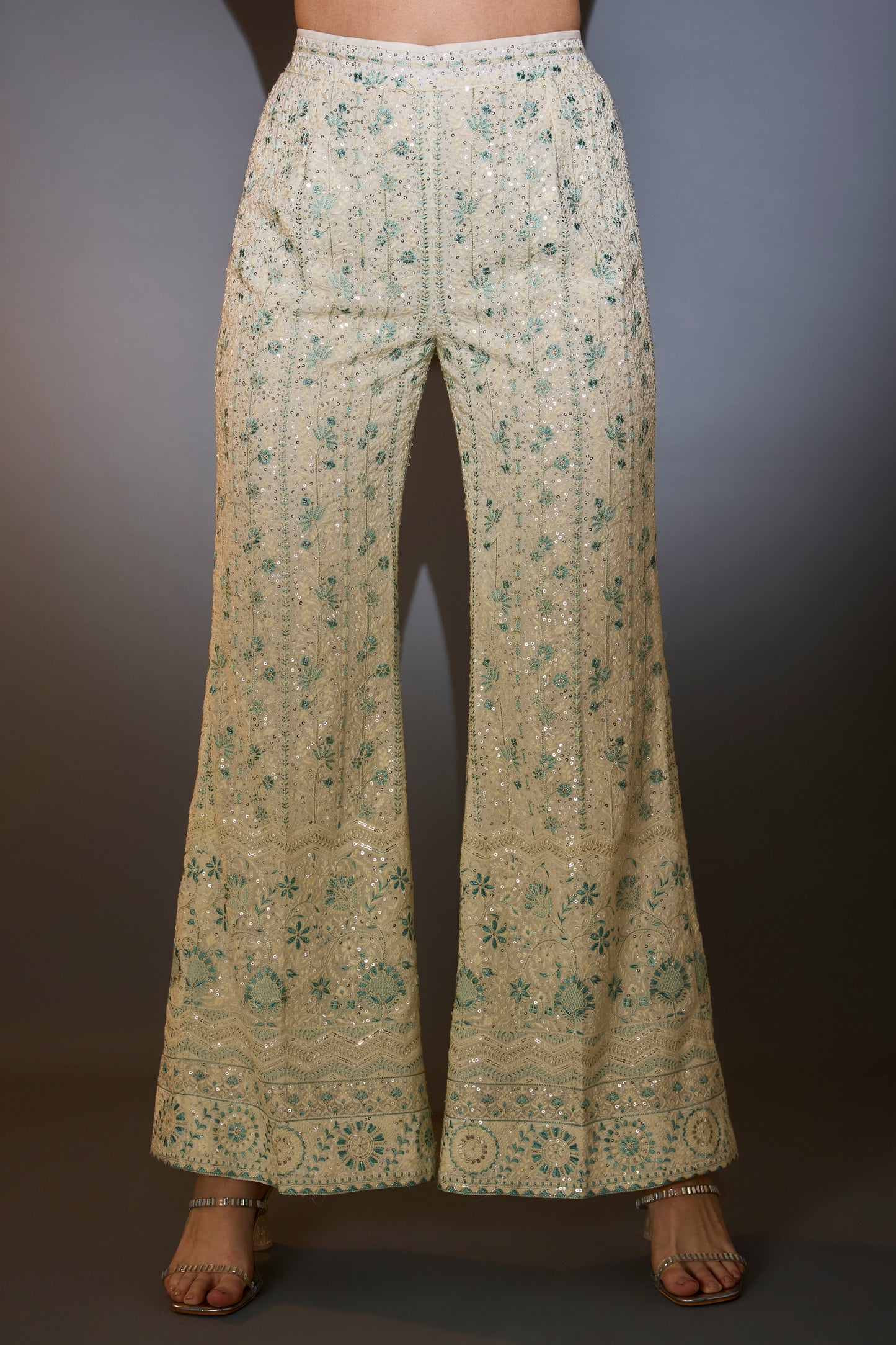 white and aqua chikankari co ord set with intricate thread and sequin embroidery