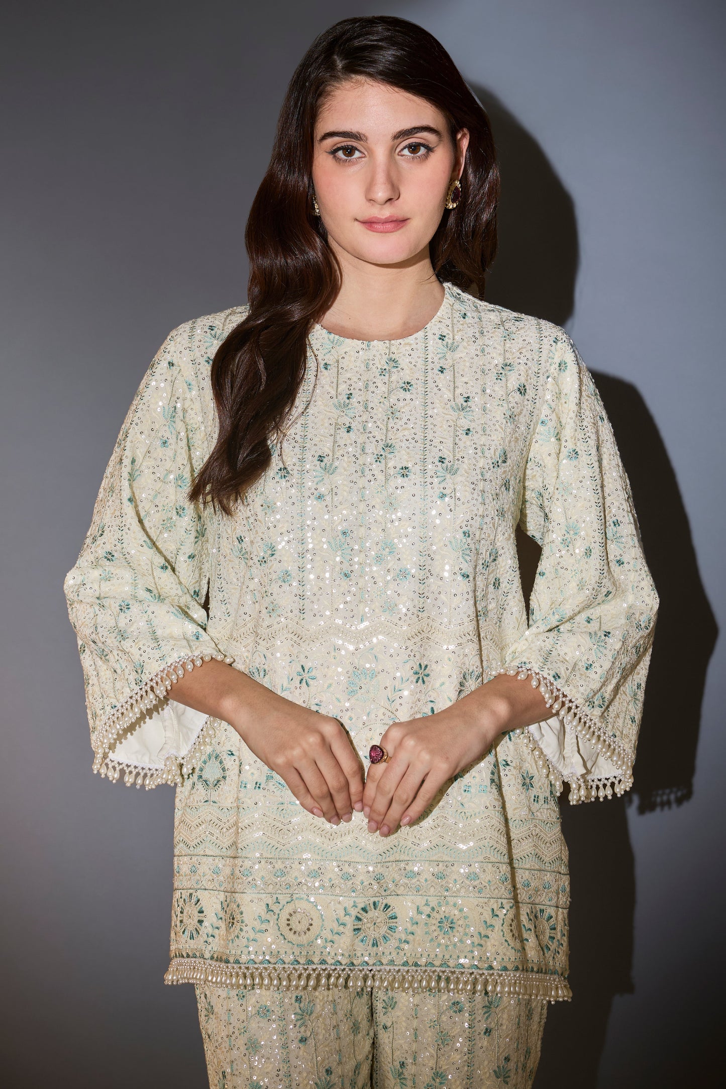 white and aqua chikankari co ord set with intricate thread and sequin embroidery