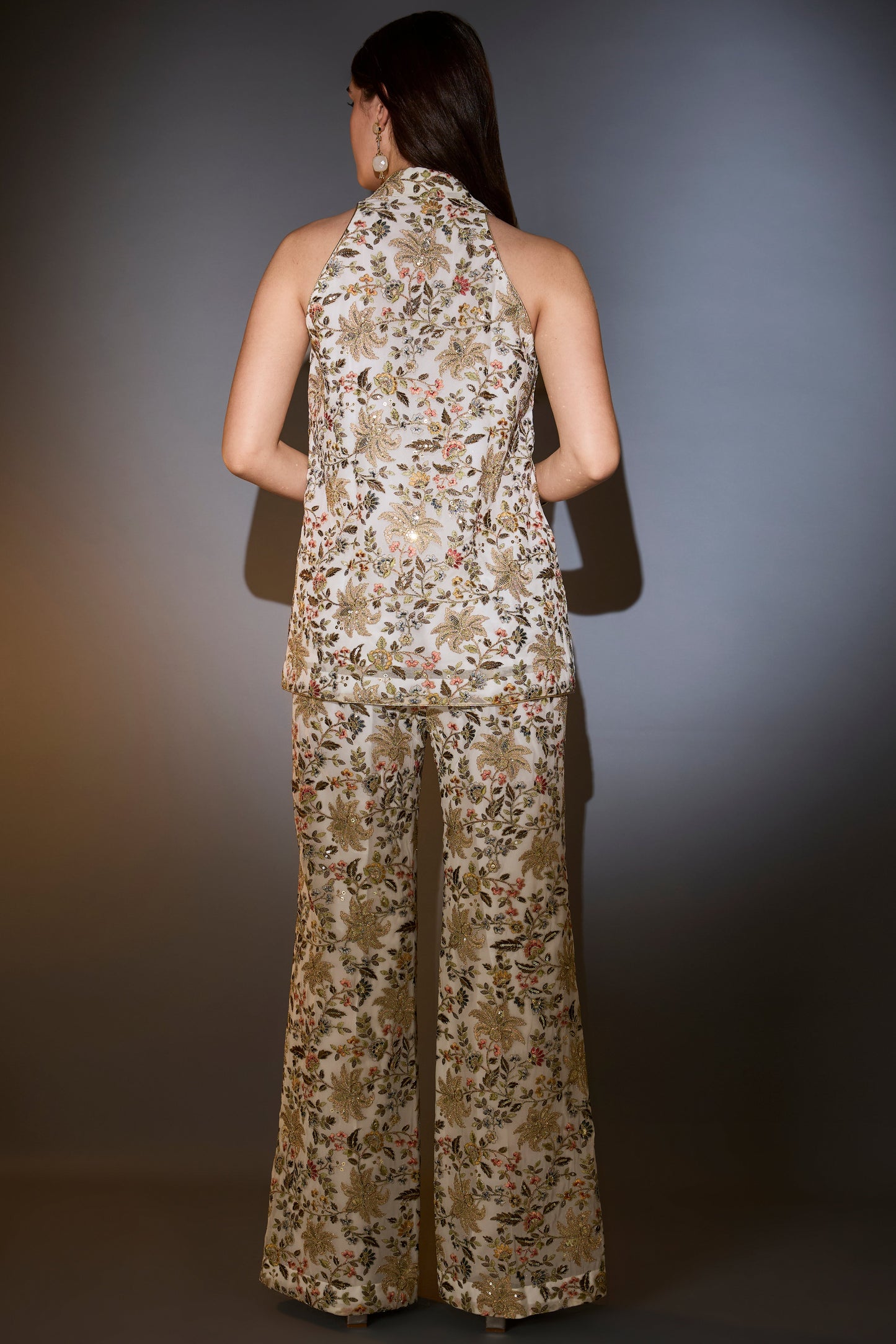 white co ord set with multi thread work and intricate zari and sequin embroider
