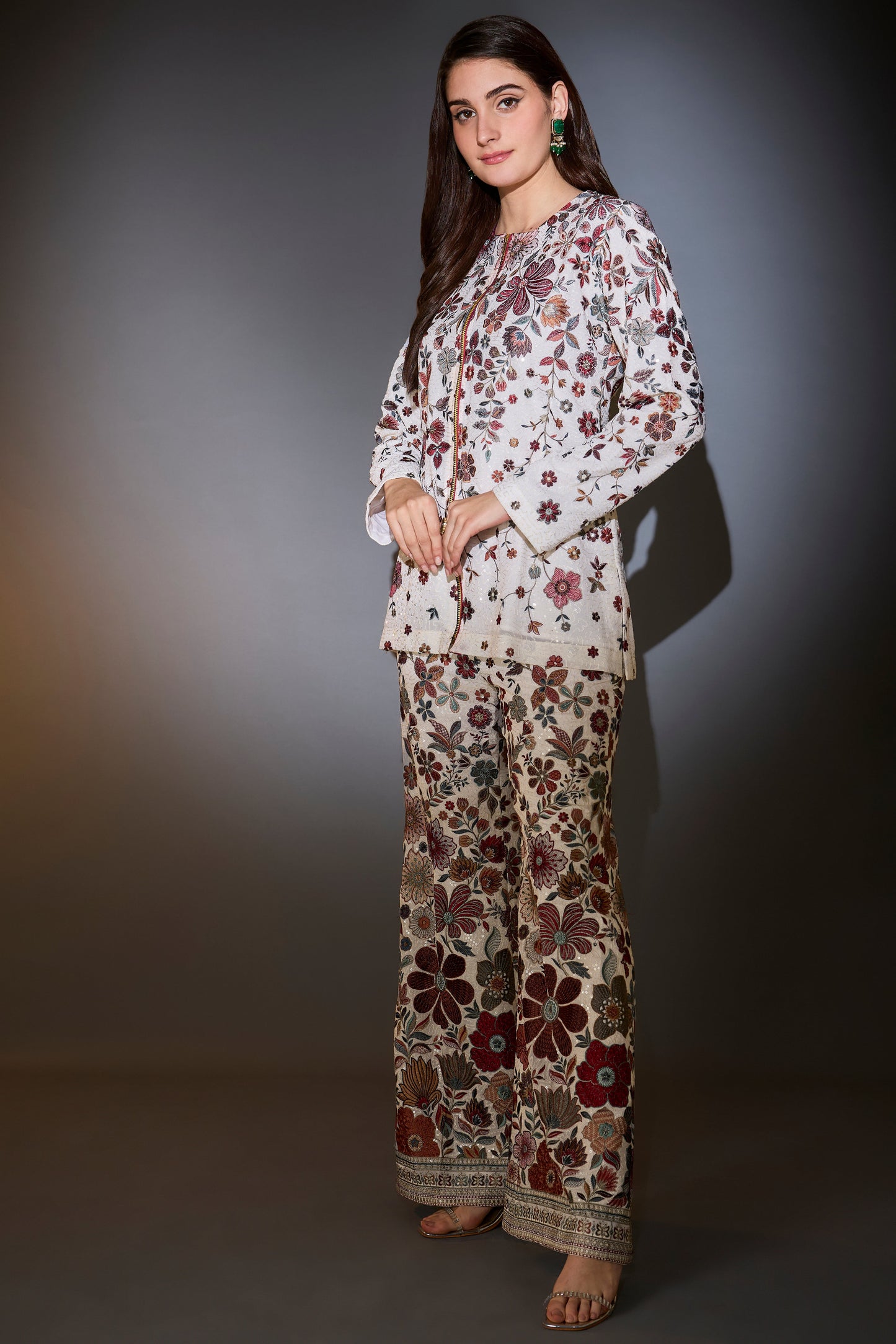 ivory co ord set with heavy multi thread floral embroidery and sprinkle and sequin work