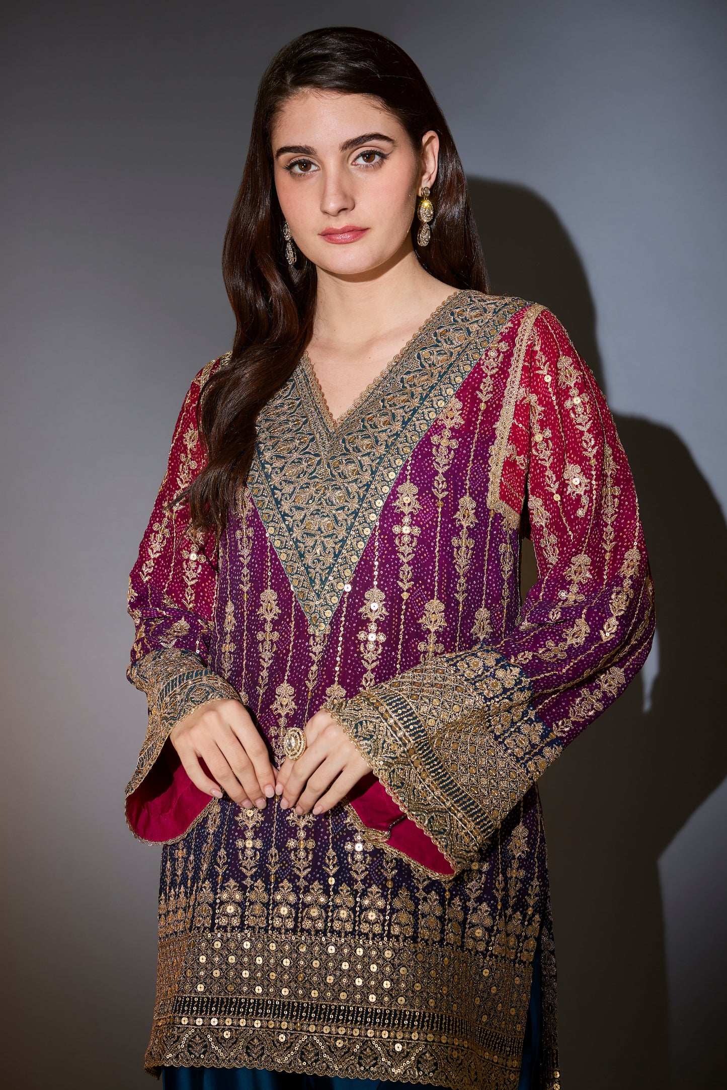 suit set with short ombre kurta with intricate aari work paired with banarsi dupatta with borders and silk salwar