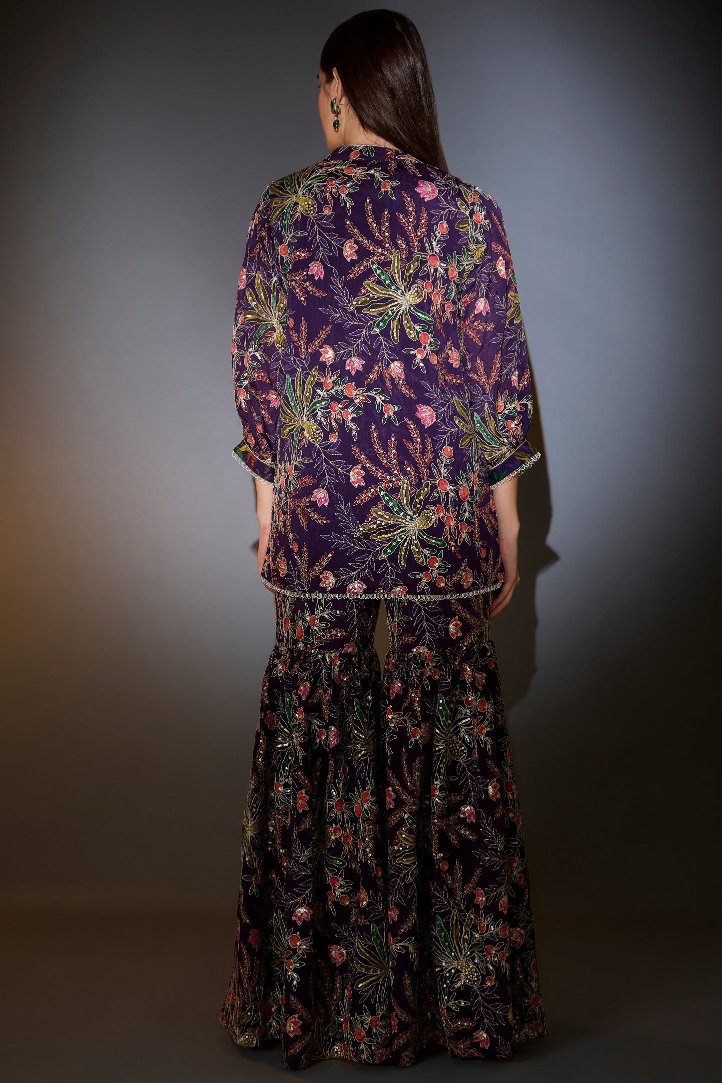 short purple sharara set with all over multi thread floral embroidery highlighted with intricate aari work