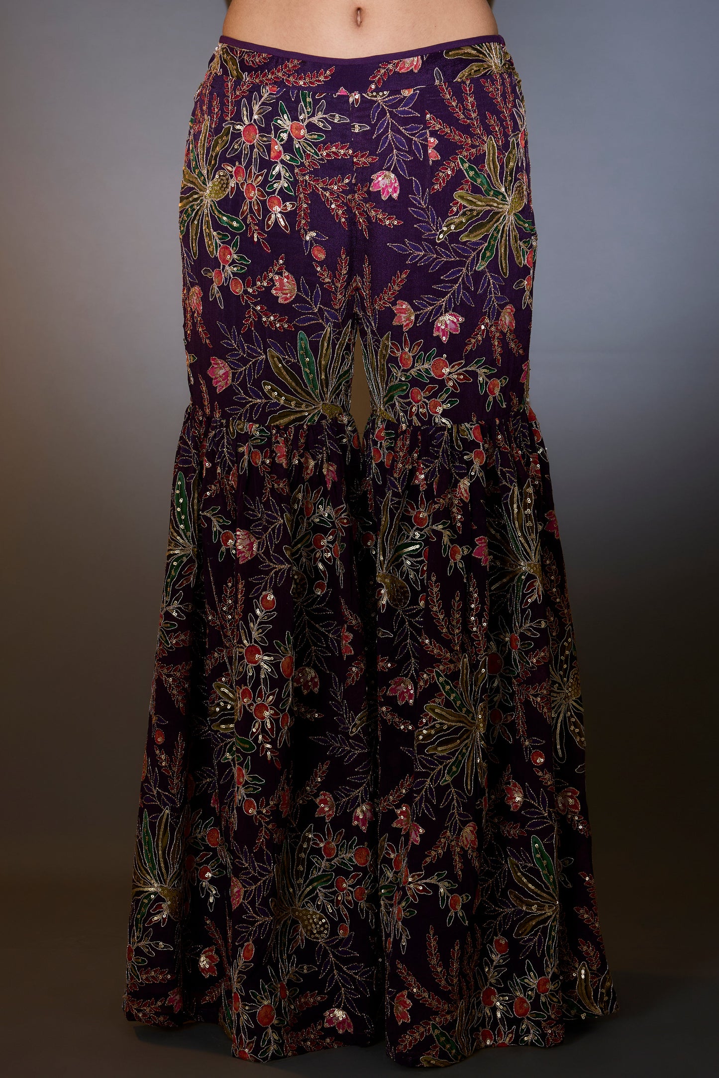 short purple sharara set with all over multi thread floral embroidery highlighted with intricate aari work