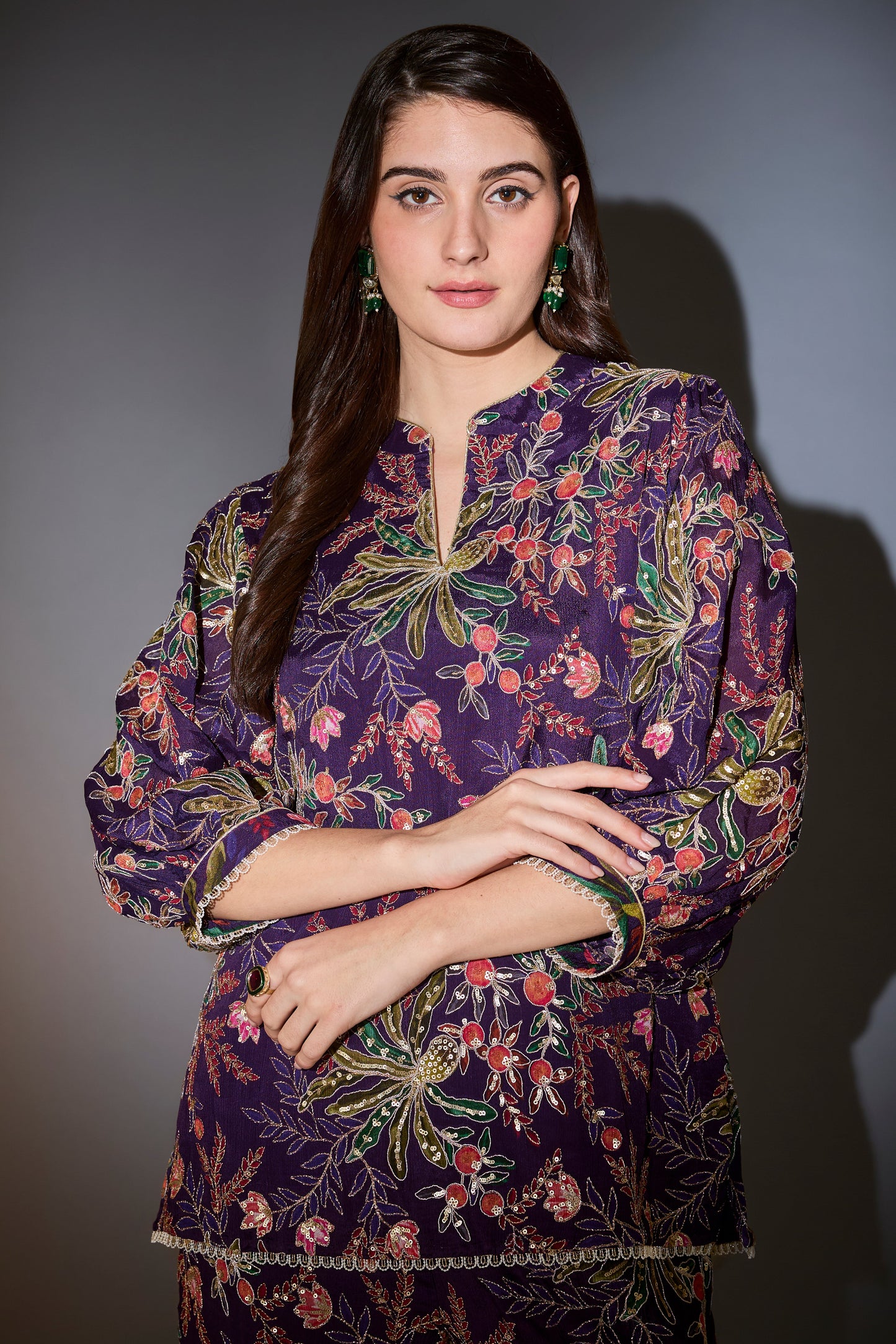 short purple sharara set with all over multi thread floral embroidery highlighted with intricate aari work