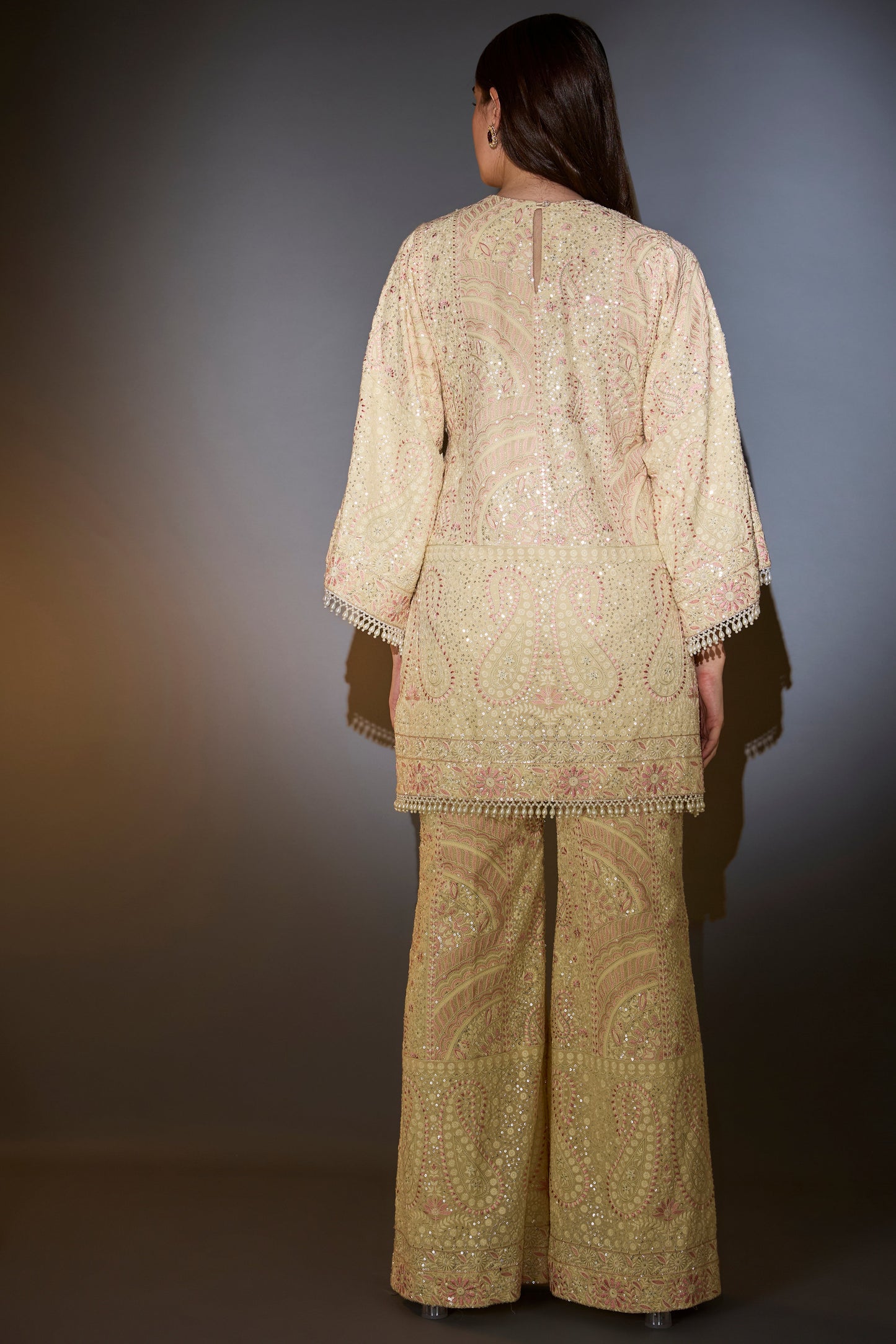 cream chikankari co ord set with intricate pink thread work and sequin embroidery