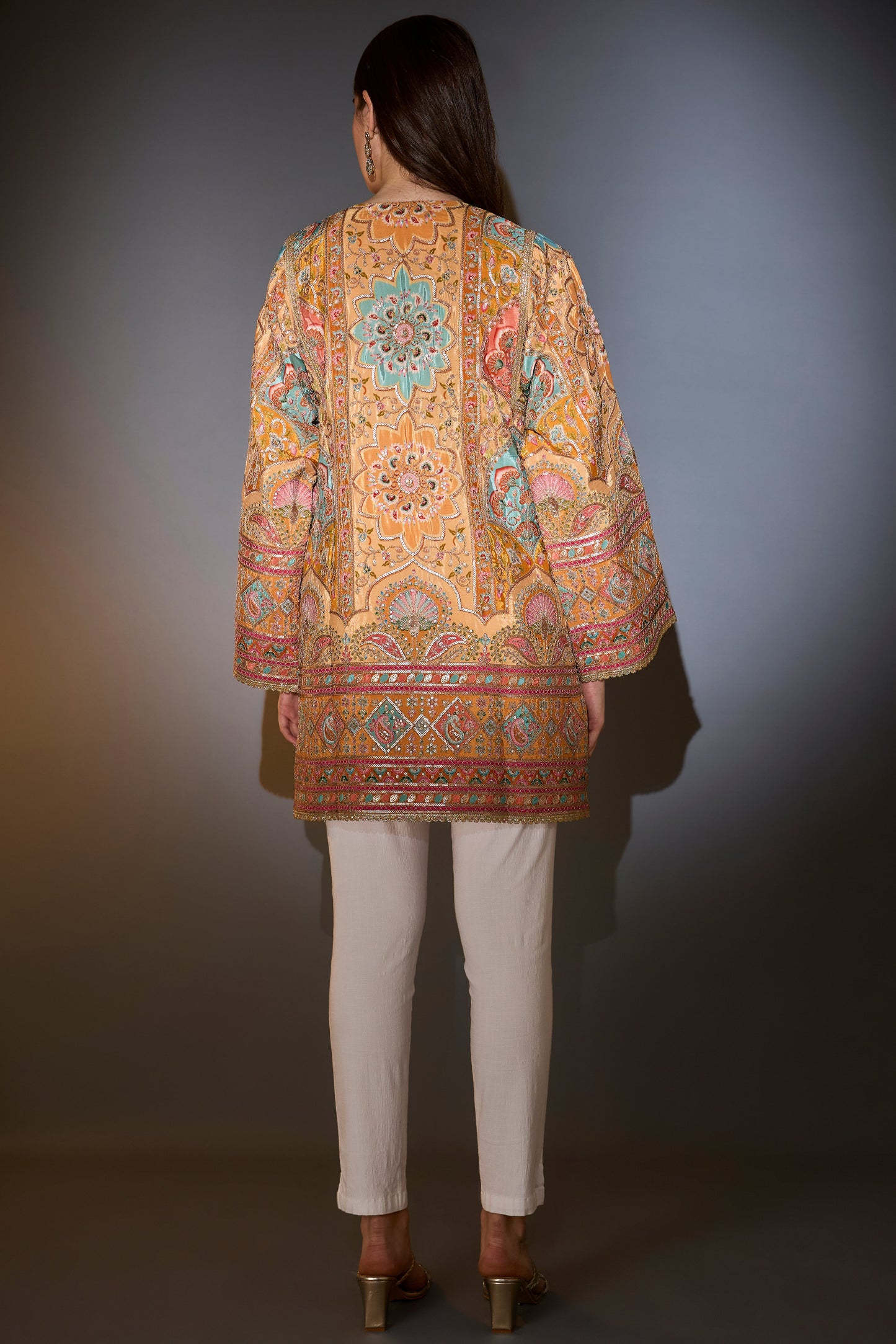 mustard tunic with intricate multi thread and aari work