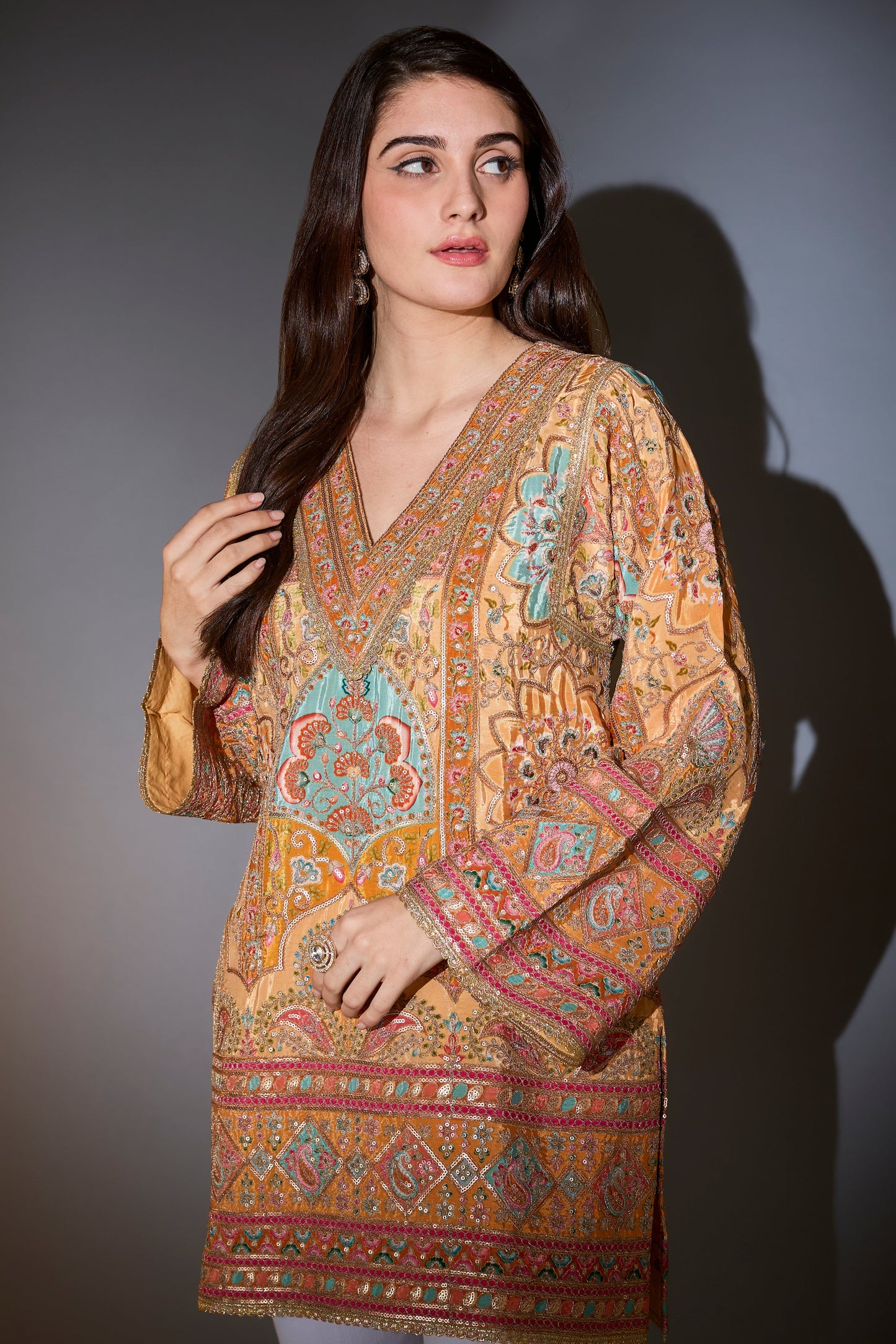 mustard tunic with intricate multi thread and aari work