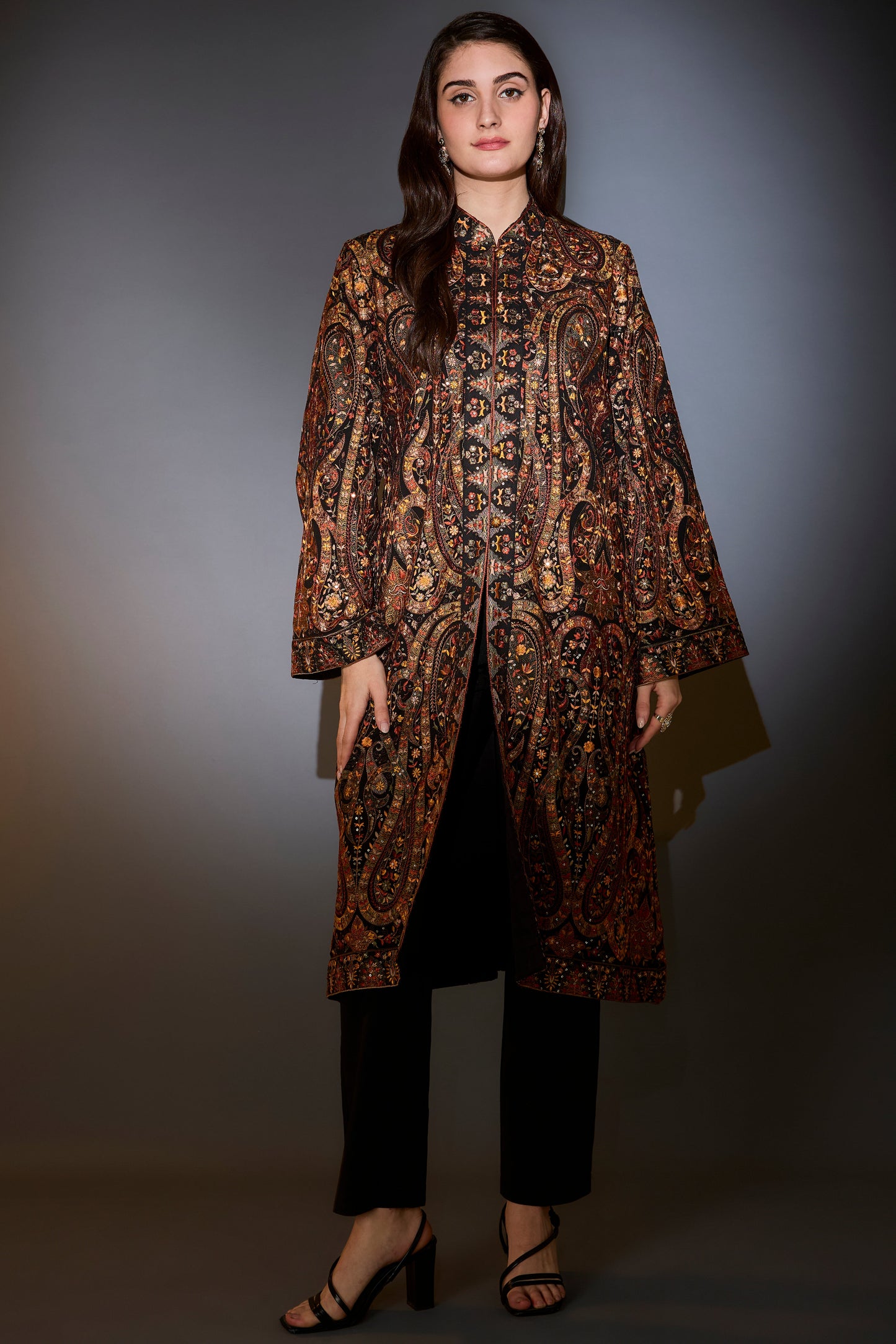black kashmiri jamawar emroidered long jacket