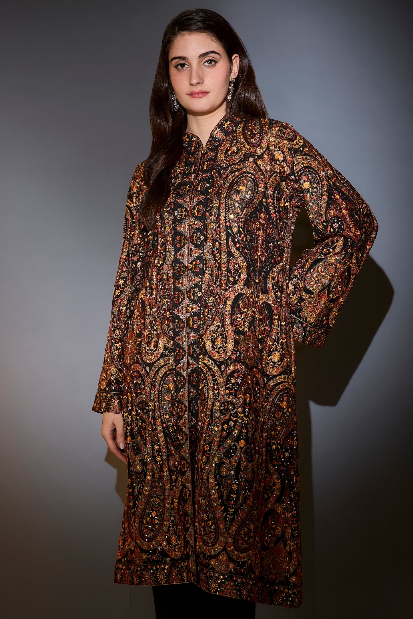 black kashmiri jamawar emroidered long jacket