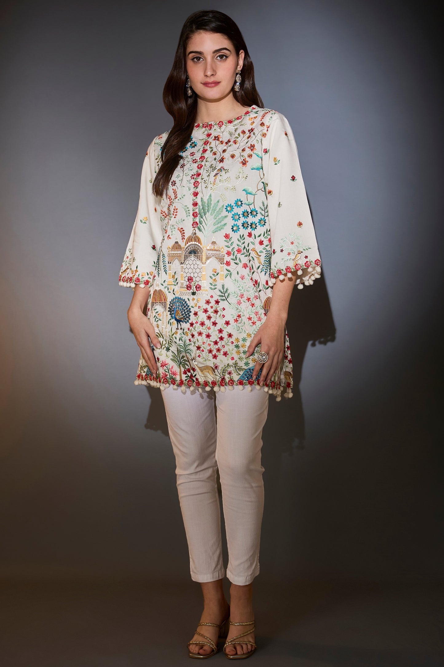 white multi thread work flora and fauna embroidered tunic