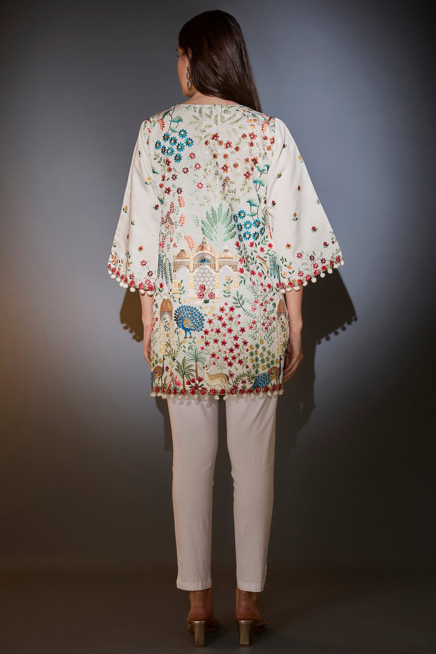white multi thread work flora and fauna embroidered tunic