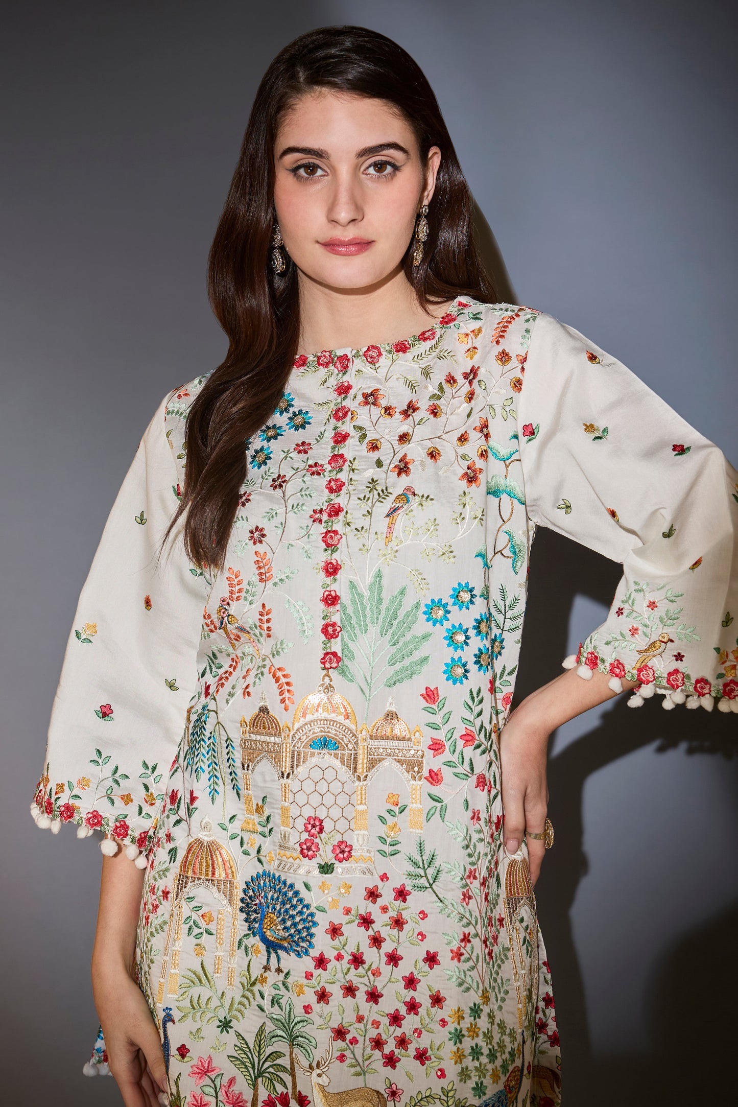 white multi thread work flora and fauna embroidered tunic